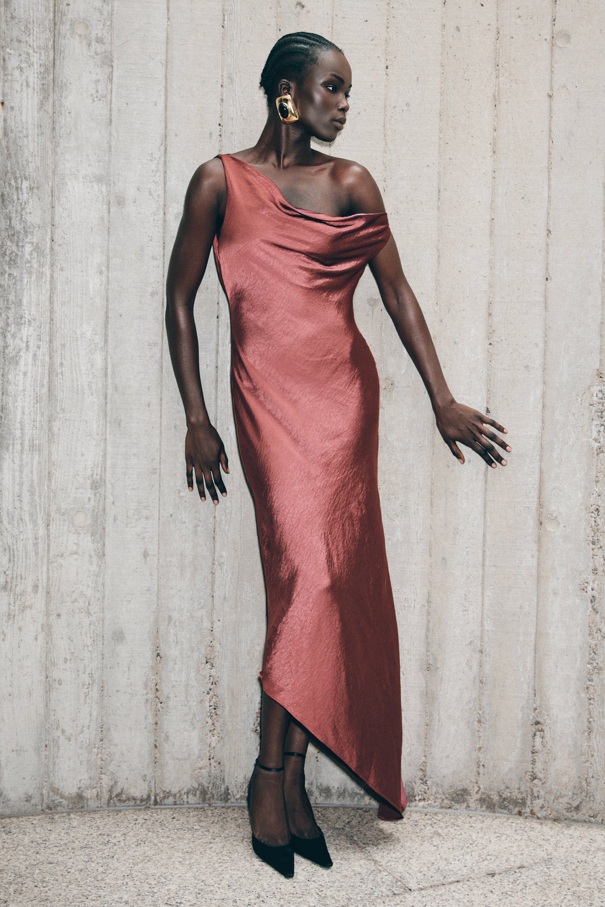 Yvette Slip Maxi Dress With Asymmetrical Hem - Brown Cherry | MESHKI Yvette Slip Maxi Dress With Asymmetrical Hem - Brown Cherry | MESHKI