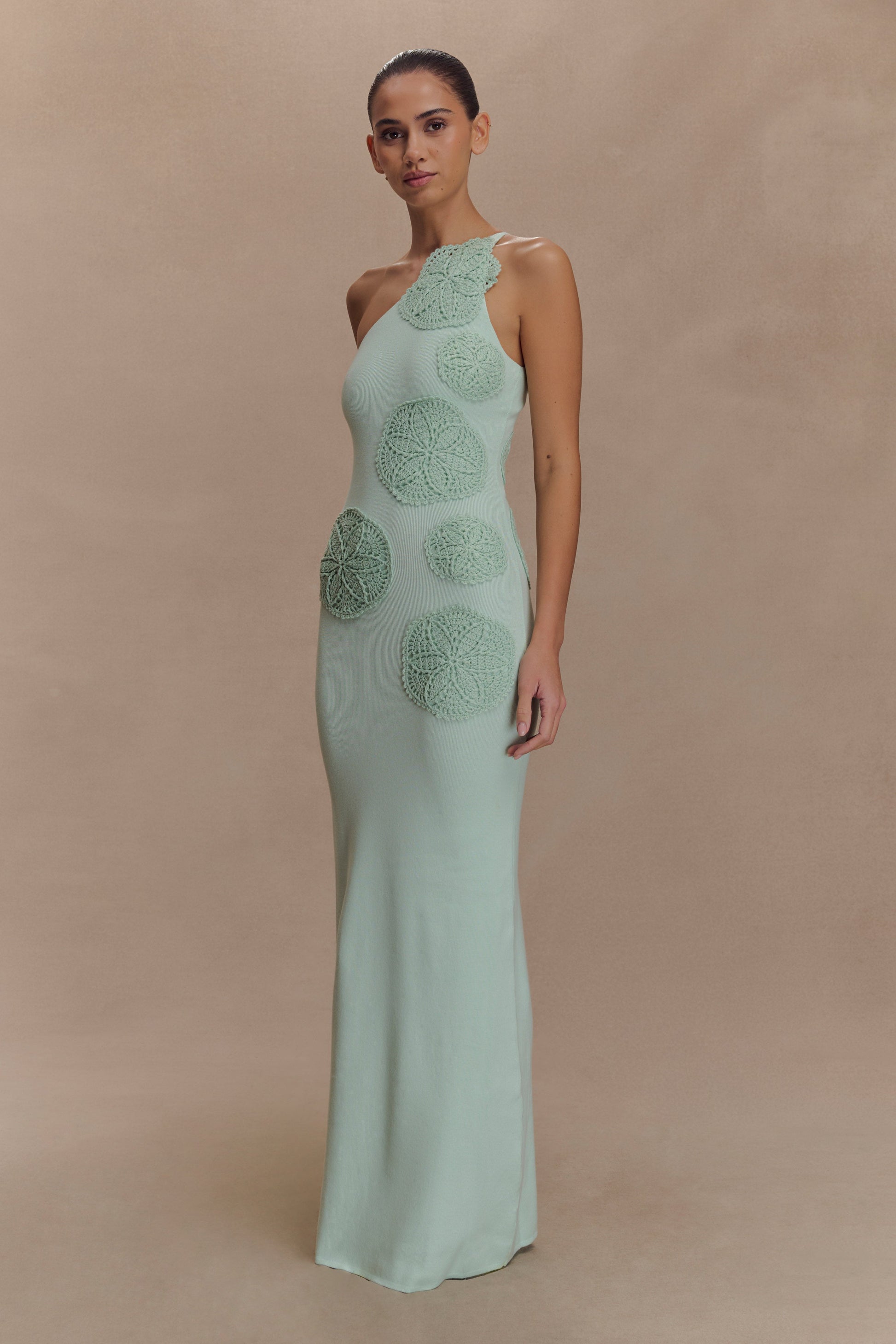 aqua crochet midi dress Andreeva AQUA SHELL HANDMADE MAXI CROCHET DRESS
