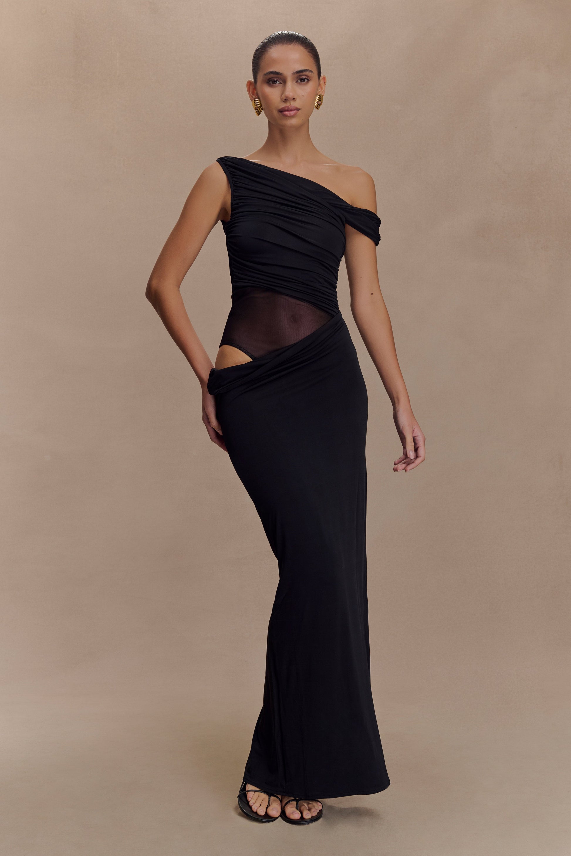 Callen One Shoulder Slinky Maxi Dress - Black | MESHKI Callen One Shoulder Slinky Maxi Dress - Black | MESHKI