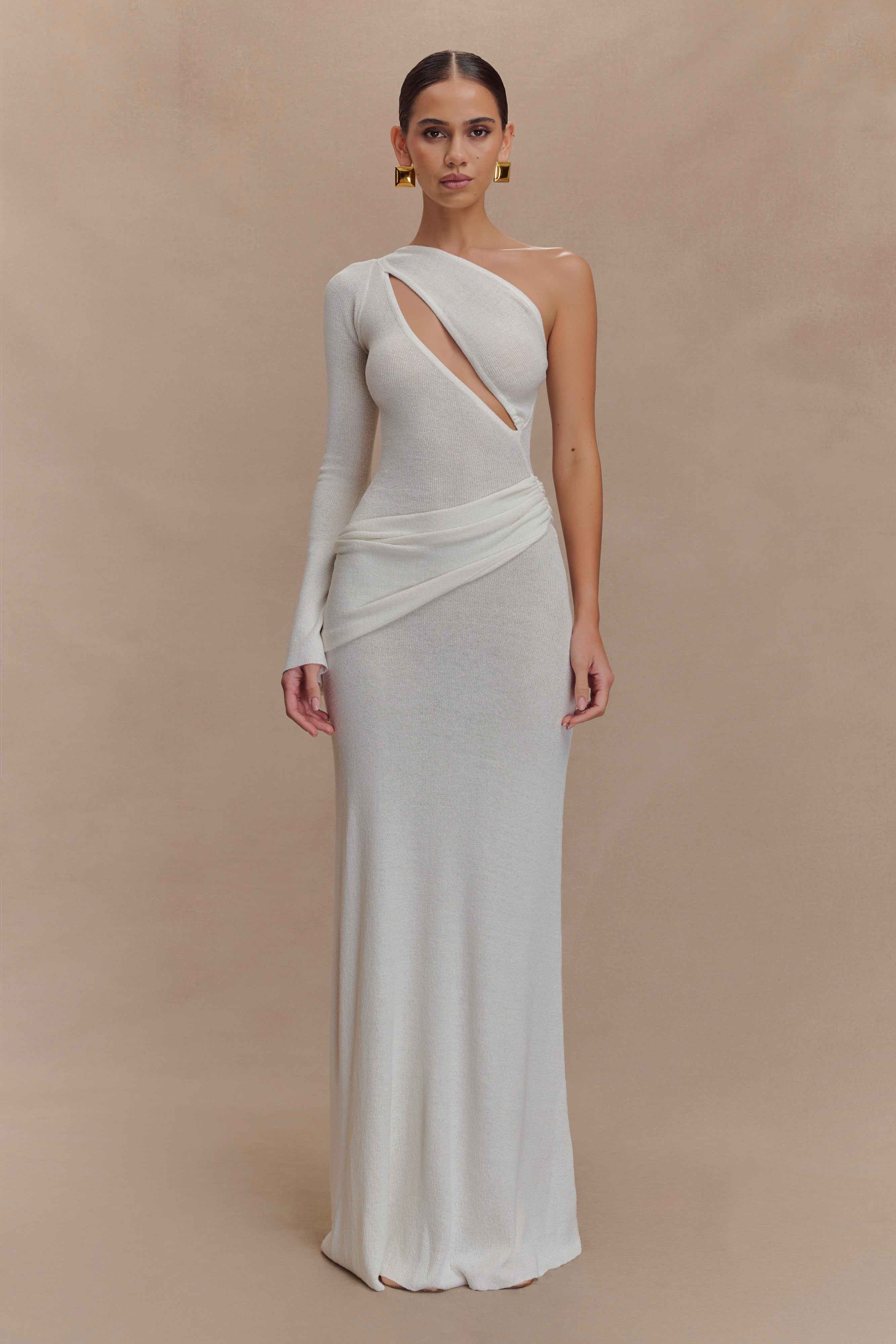 Alexius One Shoulder Knit Maxi Dress - Ivory XXS