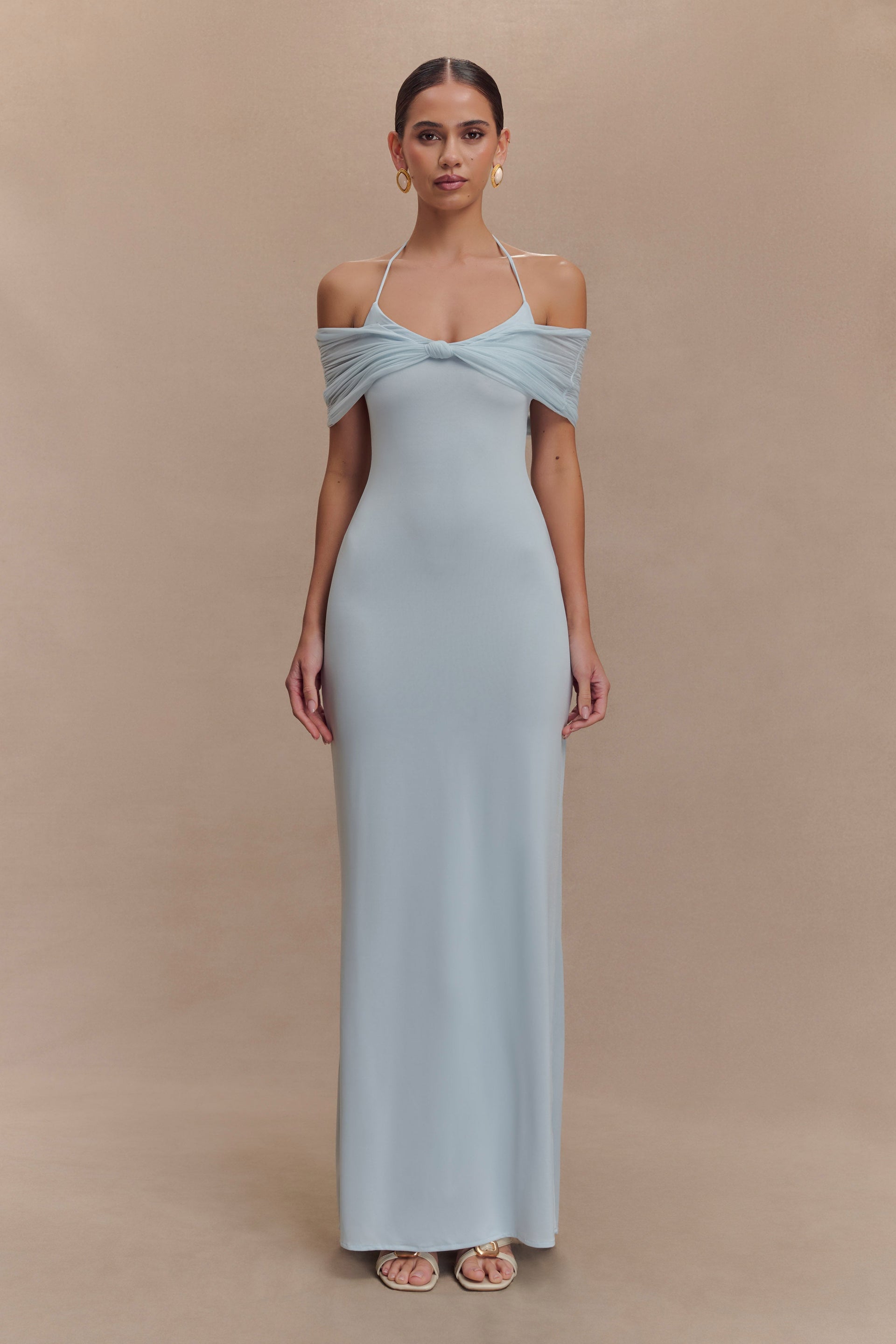 Bernadina Mesh And Slinky Halter Maxi Dress - Pale Blue