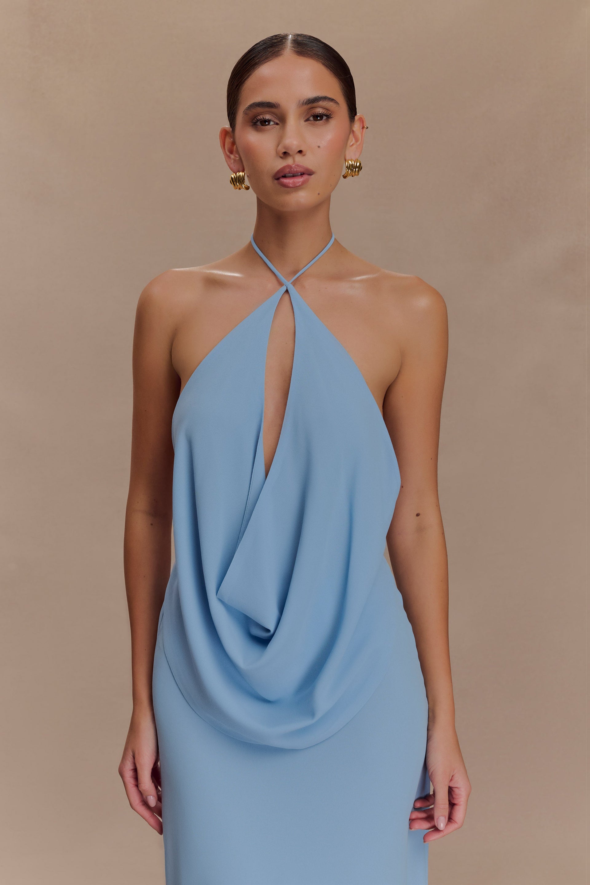 Katalina Chiffon Cowl Halter Top - Sky Blue
