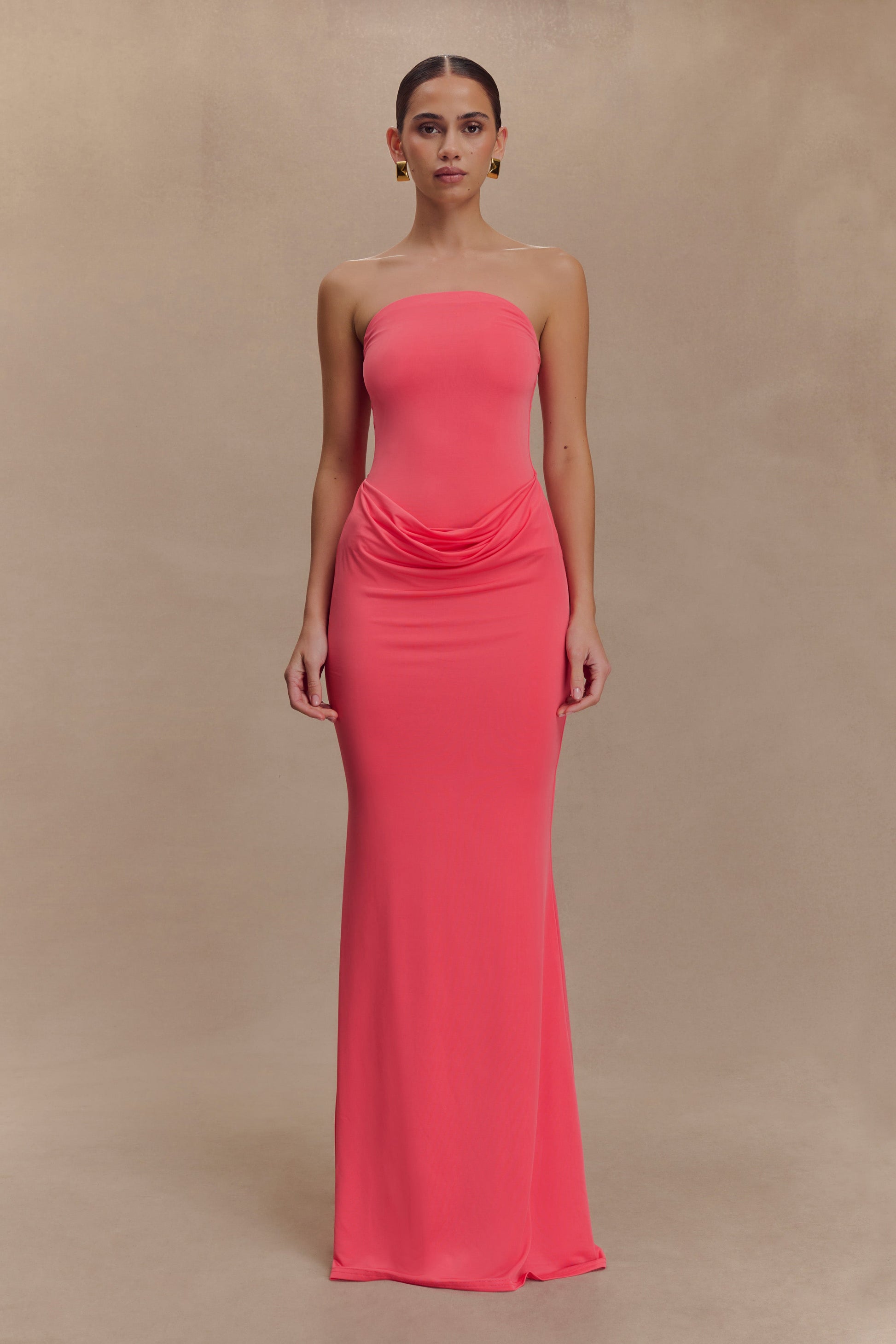 Madison Strapless Slinky Maxi Dress - Coral | MESHKI Madison Strapless Slinky Maxi Dress - Coral | MESHKI