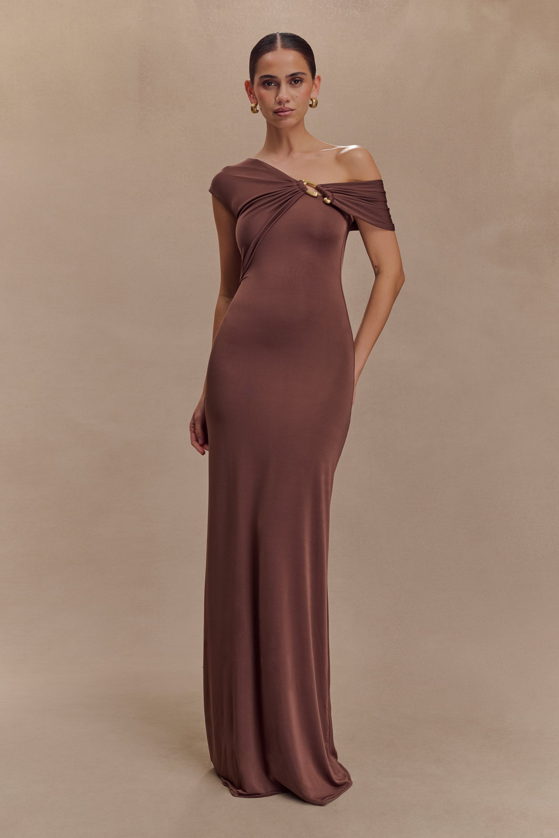 Ashford Asymmetrical Slinky Maxi Dress - Chocolate