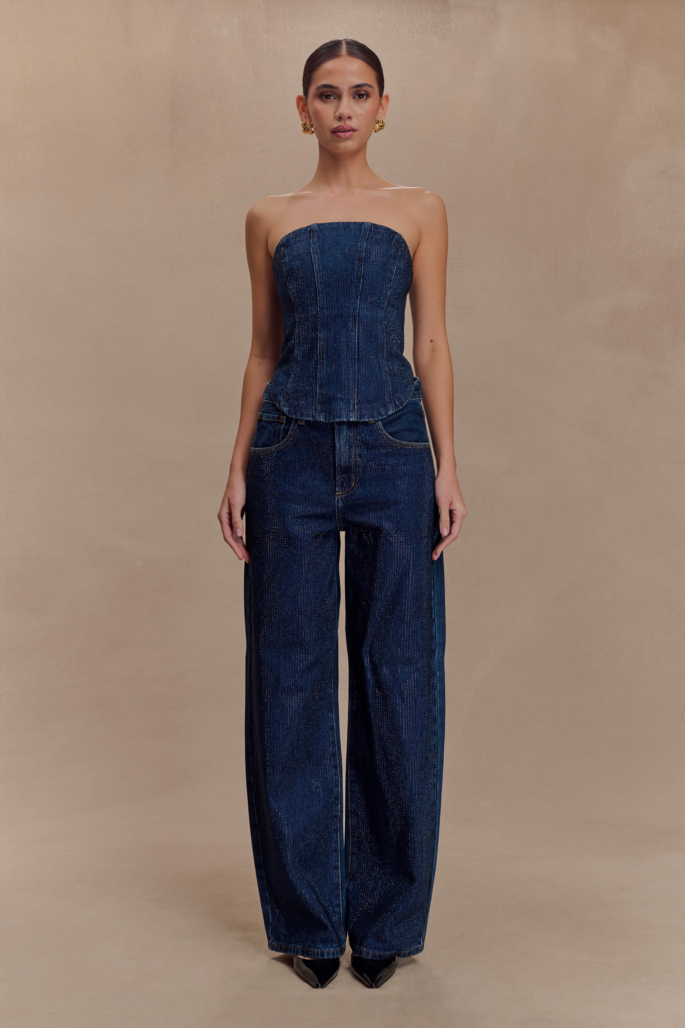 Luxe pearl denim corset with belt