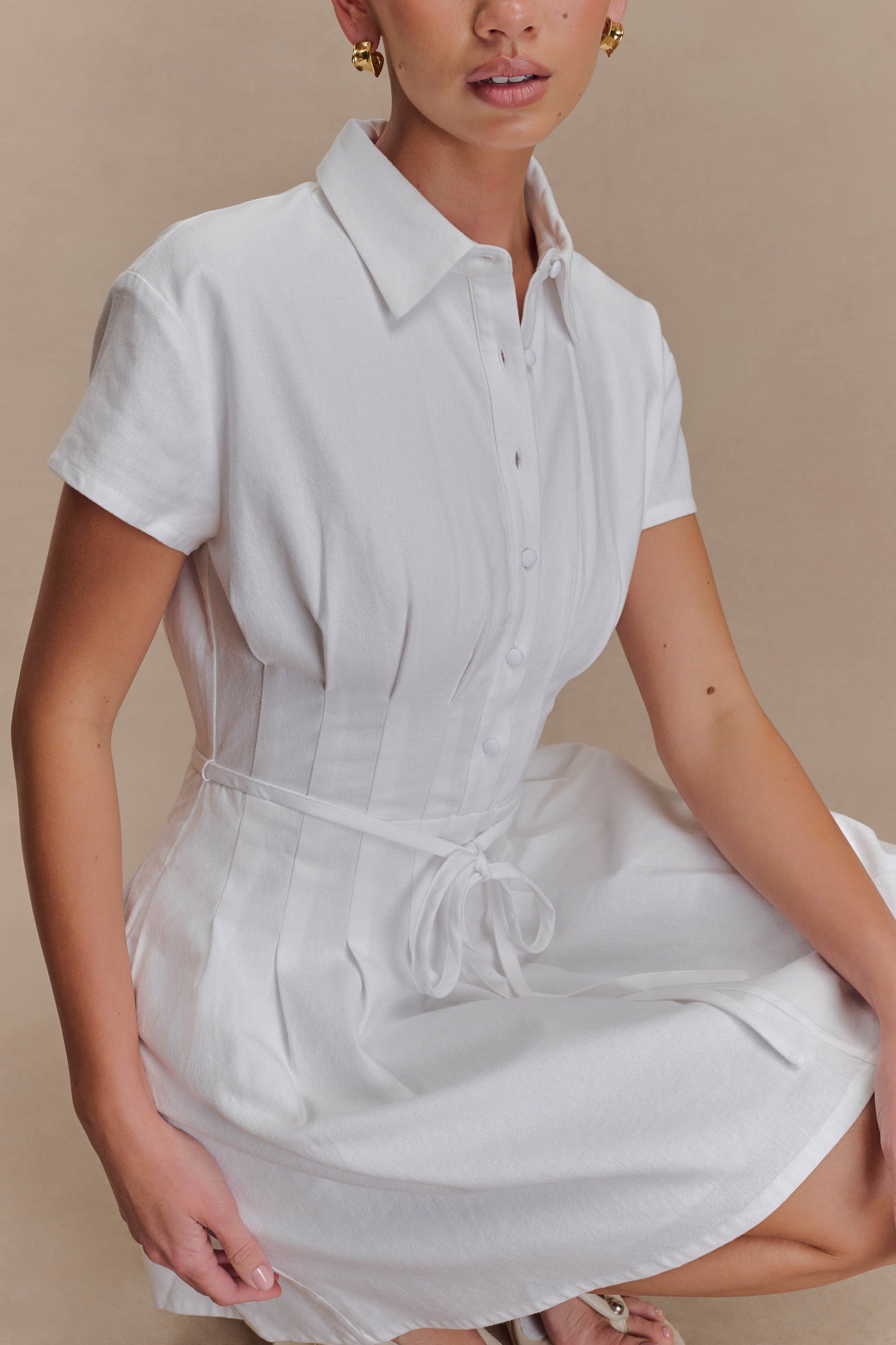 Aysha Buttoned Linen Mini Dress - White #3