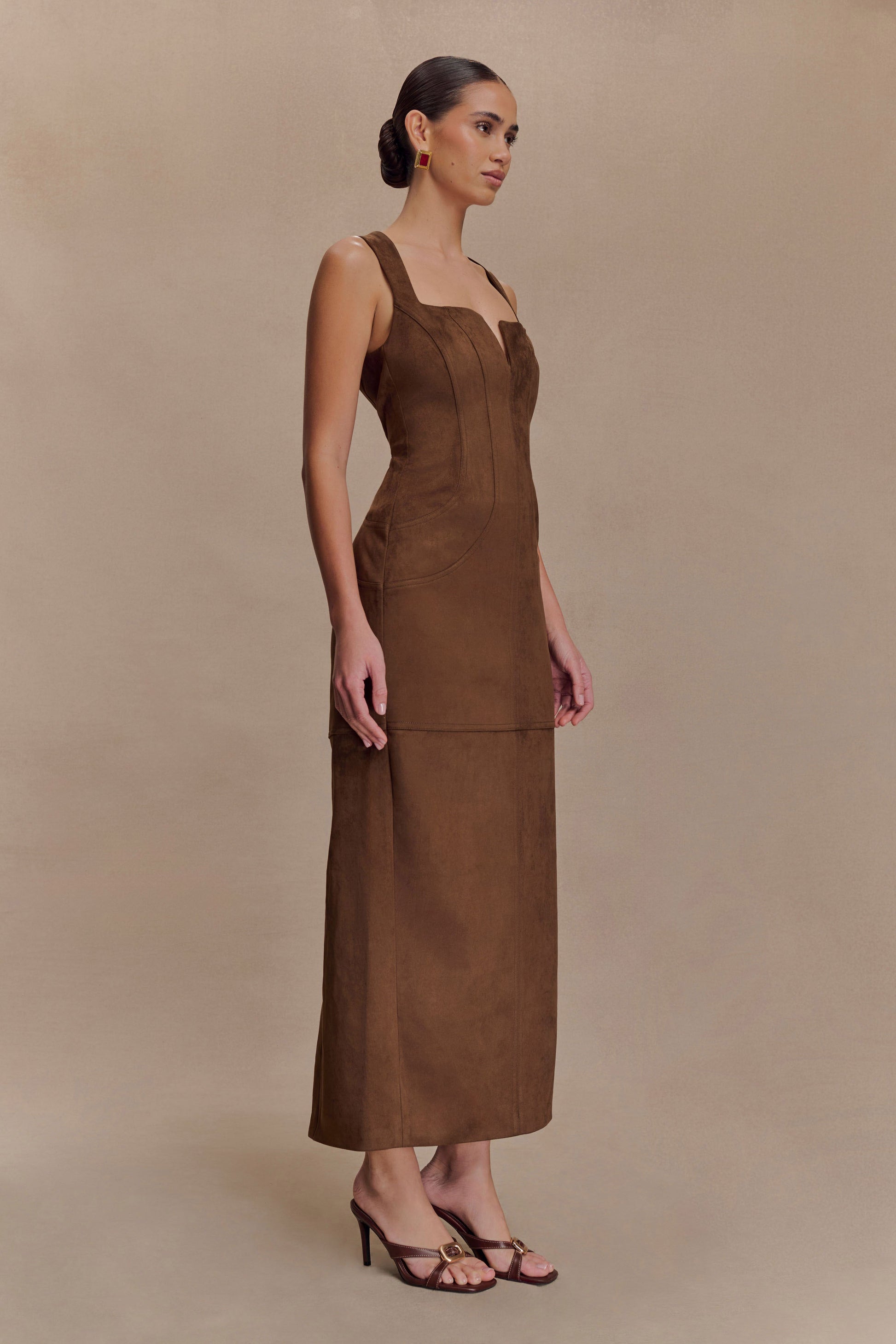 Liam Faux Suede Maxi Dress - Dark Chocolate | MESHKI Liam Faux Suede Maxi Dress - Dark Chocolate | MESHKI