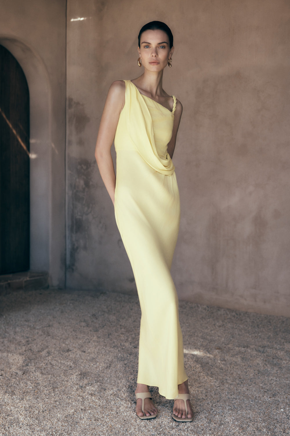 Lorieanne Draped Maxi Dress - Lemon wedding guest dress
