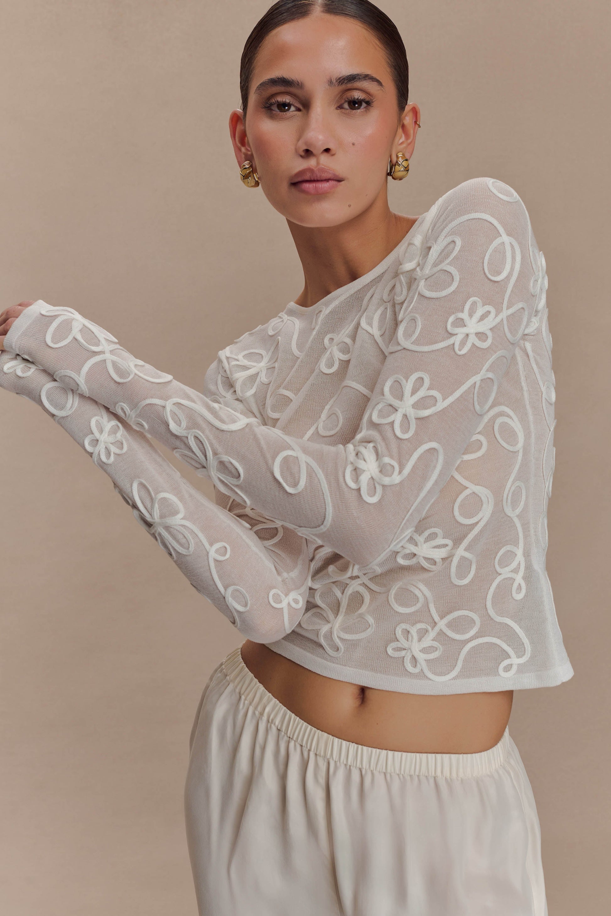 Omari Embroidery Long Sleeve Knit Top - Ivory #3