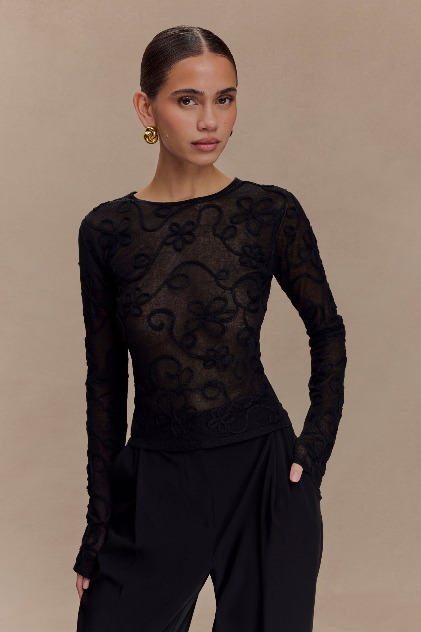 Omari Embroidery Long Sleeve Knit Top - Black