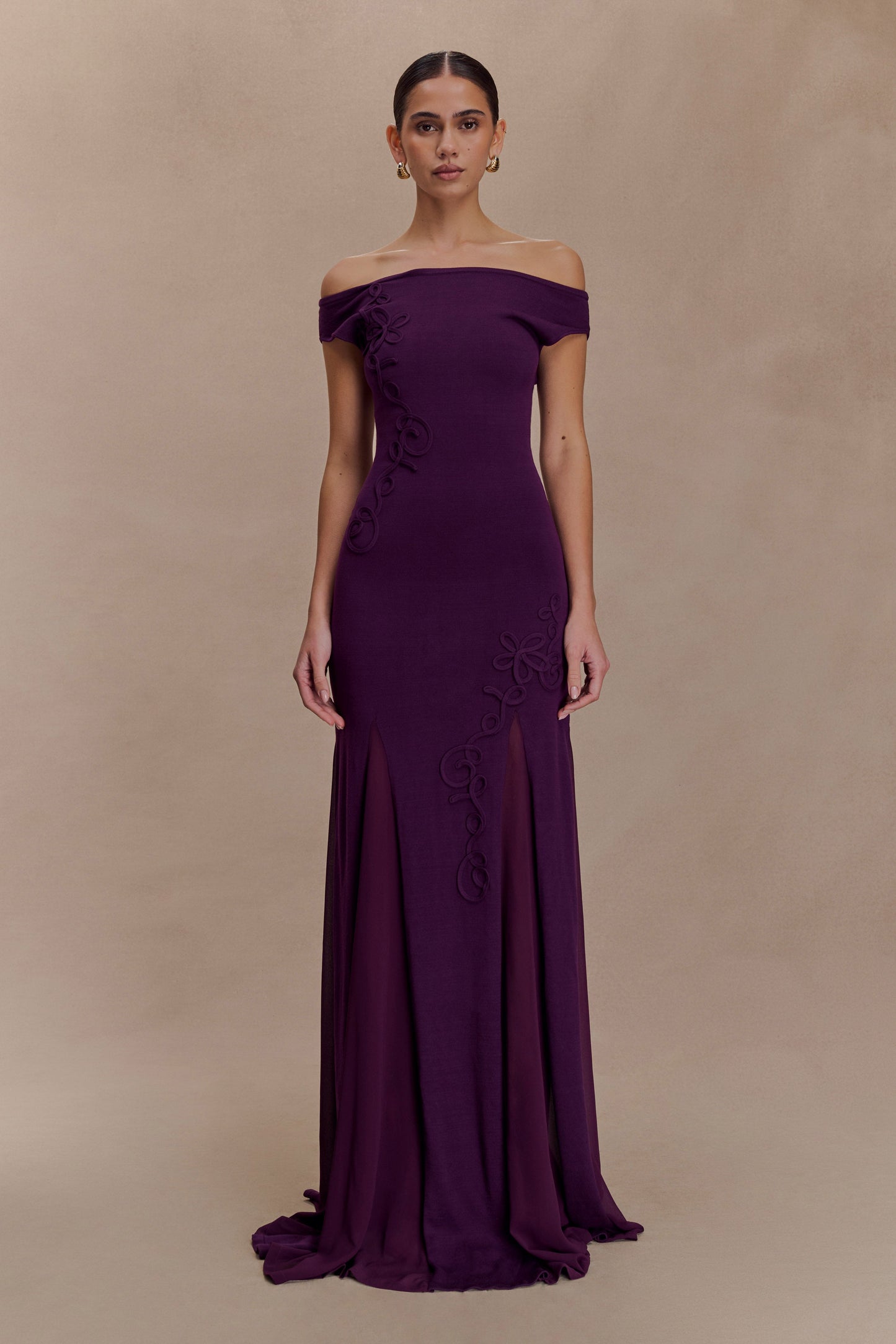 Nesta Embroidery Off Shoulder Knit Dress - Plum