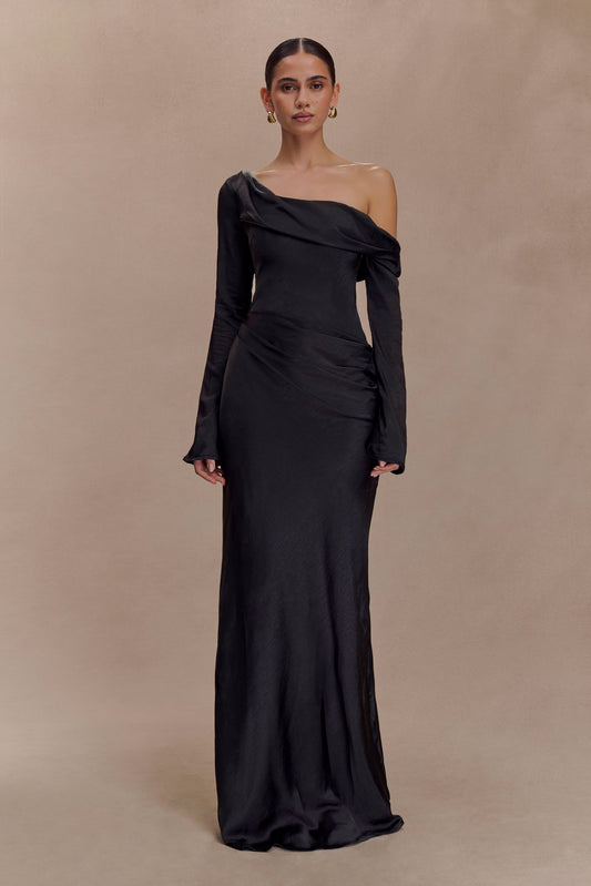 long black bridesmaid dress with sleeves After Six Women's Mixed Media Gown - Black