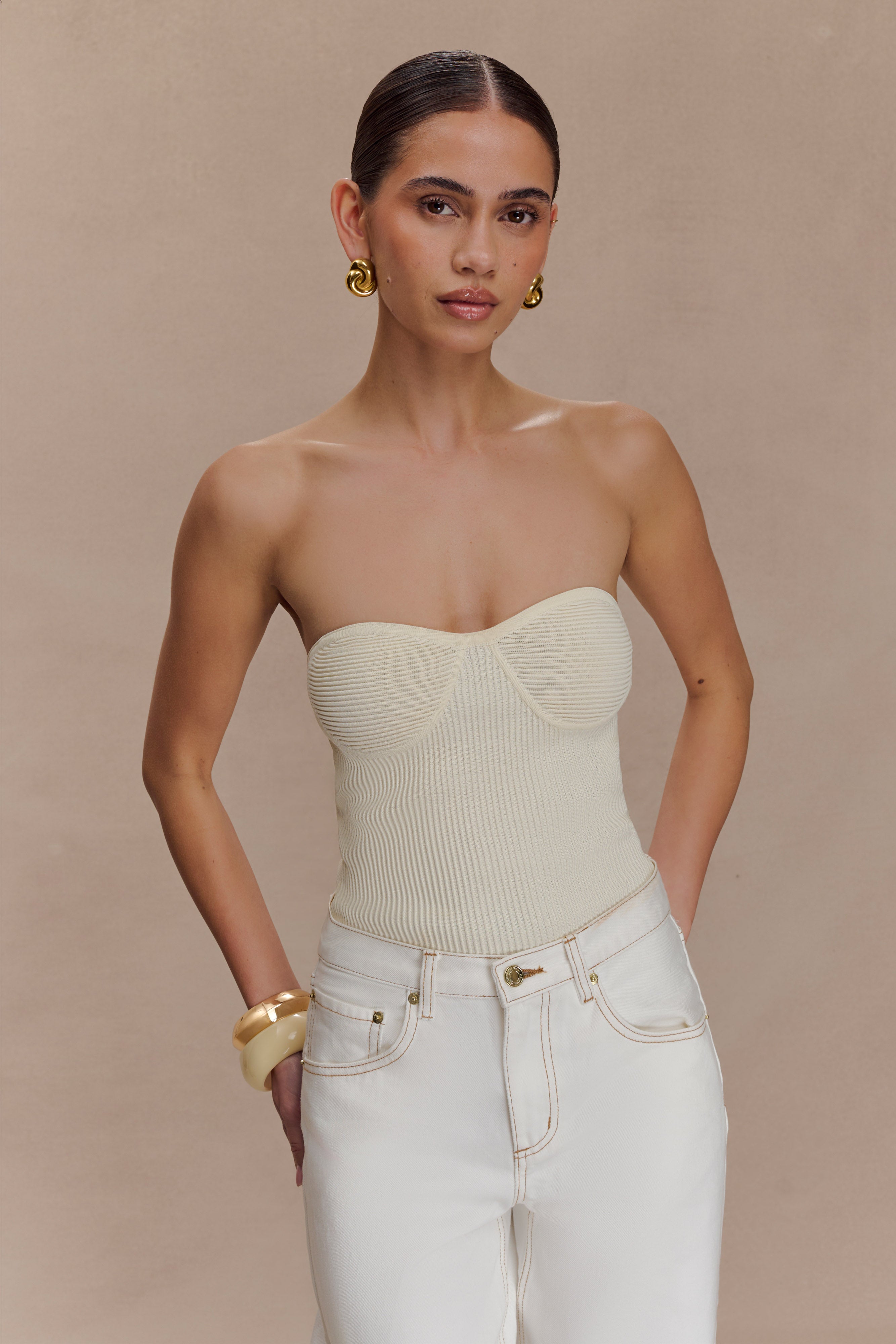 Elodie Strapless Cupped Knit Top - Ivory | MESHKI