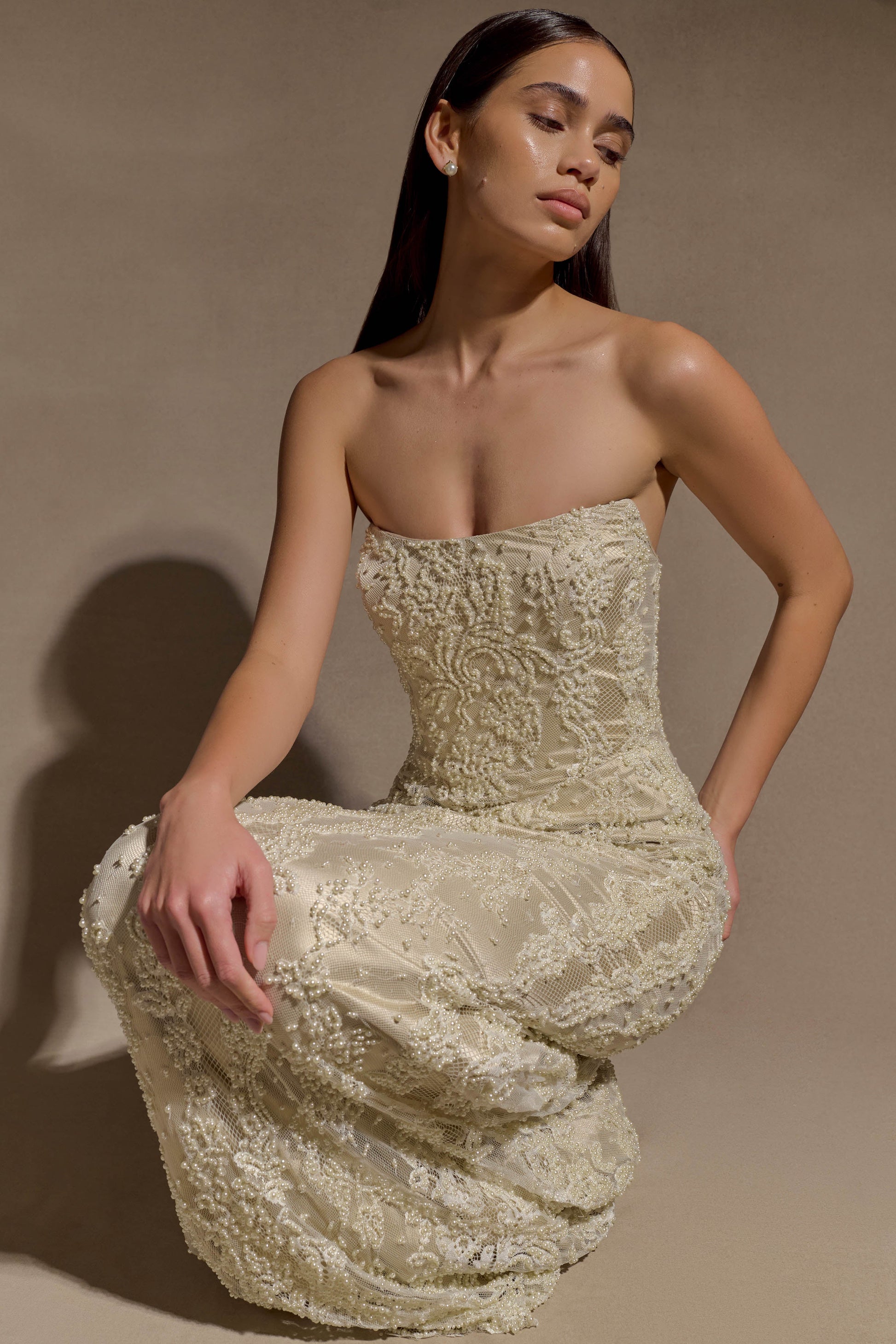 Eva Hand Beaded Pearl & Lace Maxi Dress - White #2