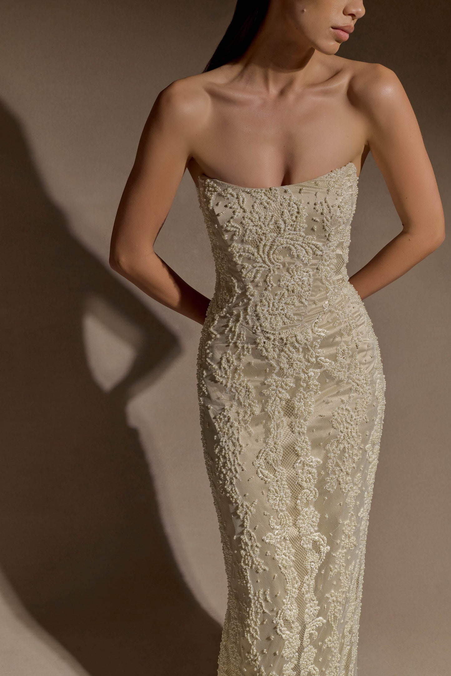 Eva Hand Beaded Pearl & Lace Maxi Dress - White