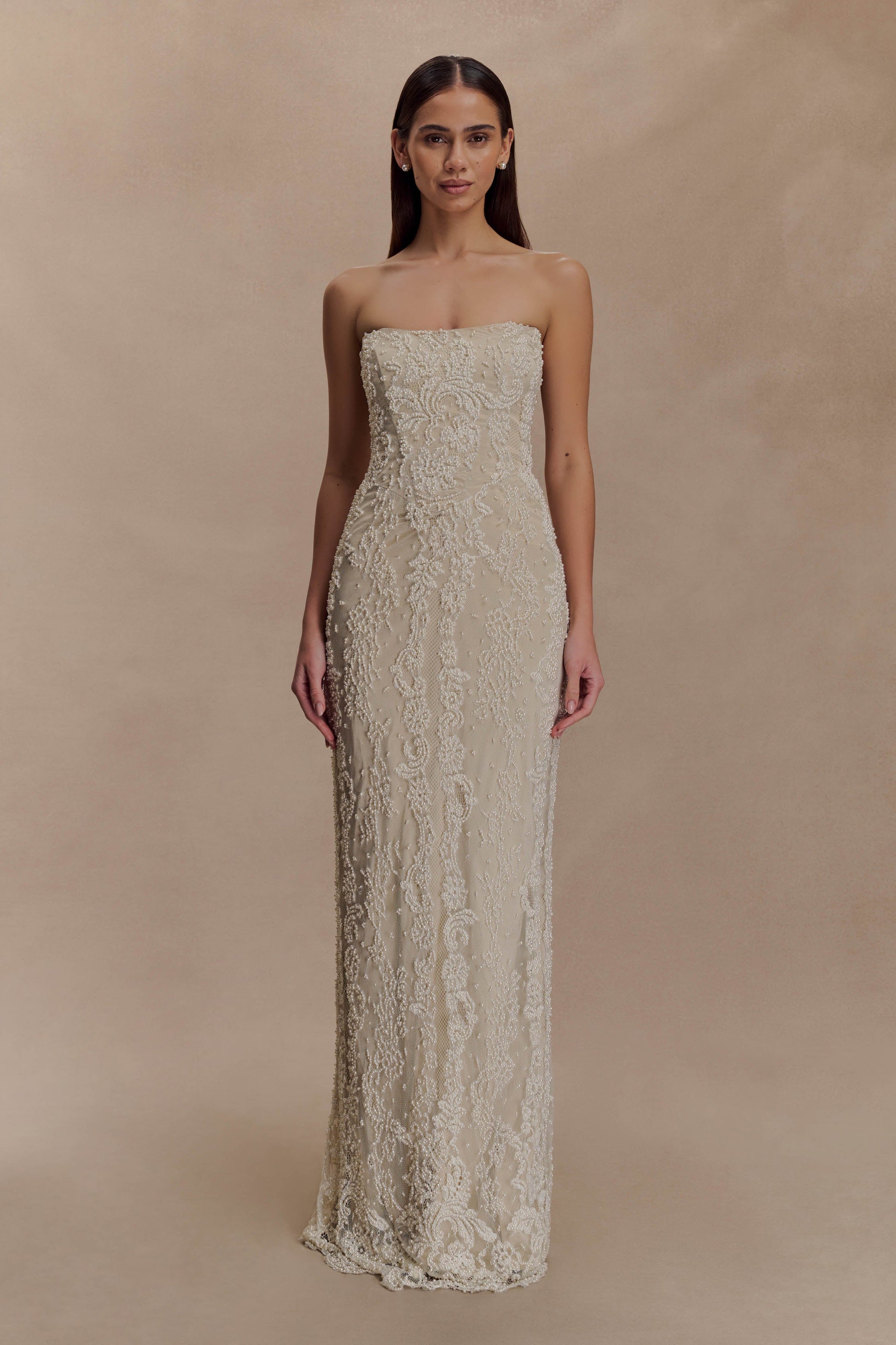 Eva Hand Beaded Pearl & Lace Maxi Dress - White #4