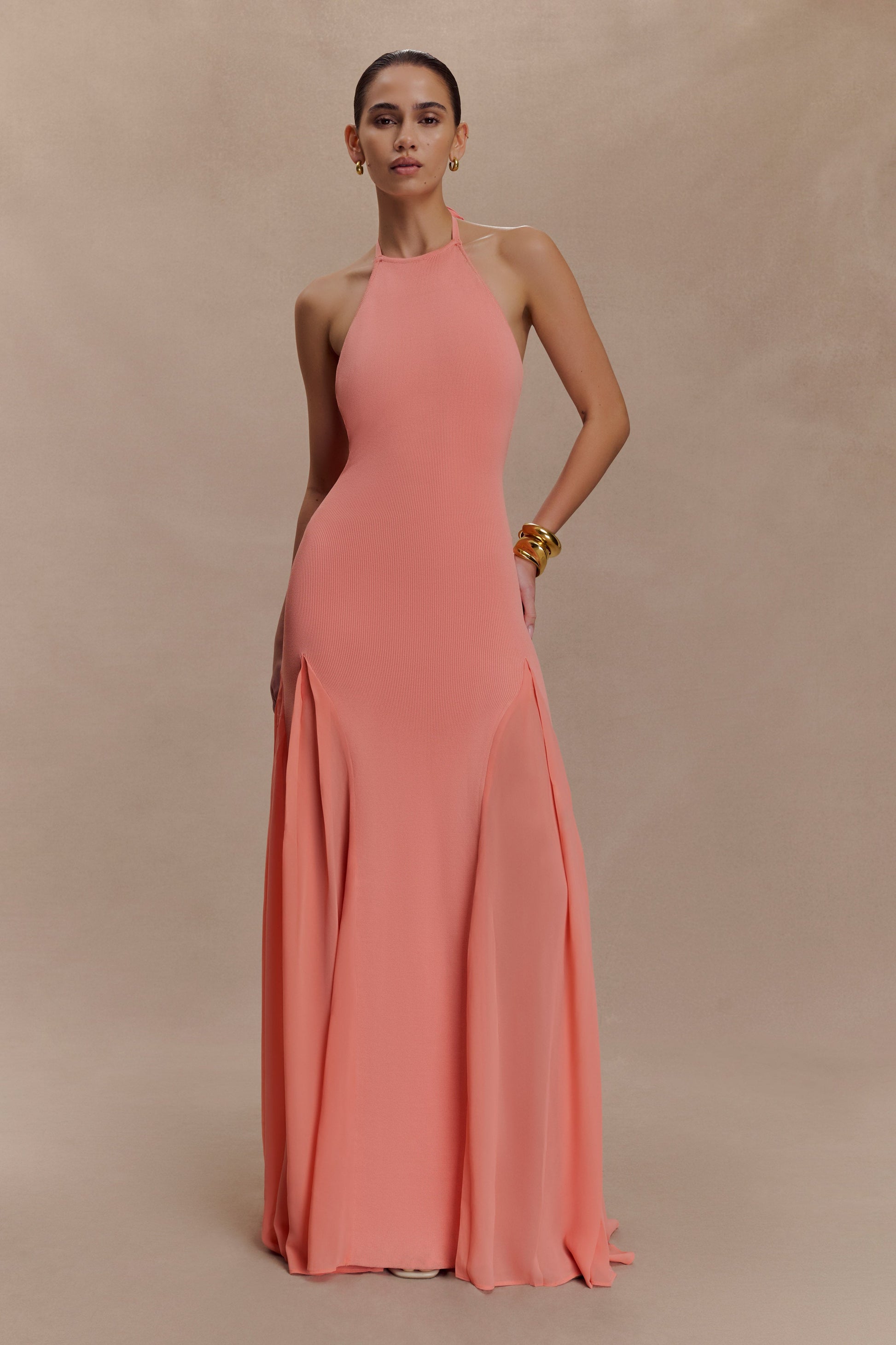 Soleil Knit And Mesh Halter Maxi Dress - Coral | MESHKI Soleil Knit And Mesh Halter Maxi Dress - Coral | MESHKI