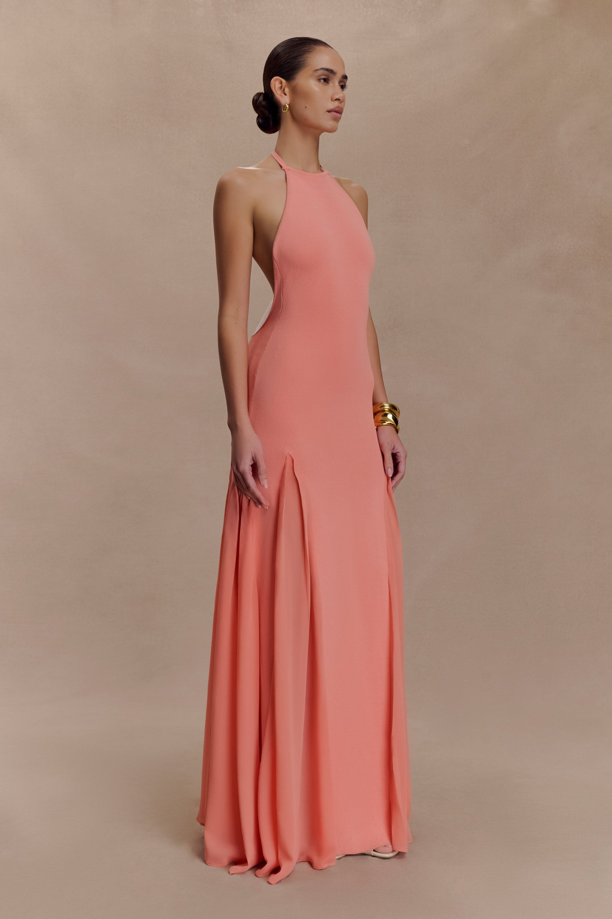 Soleil Knit And Mesh Halter Maxi Dress - Coral #3
