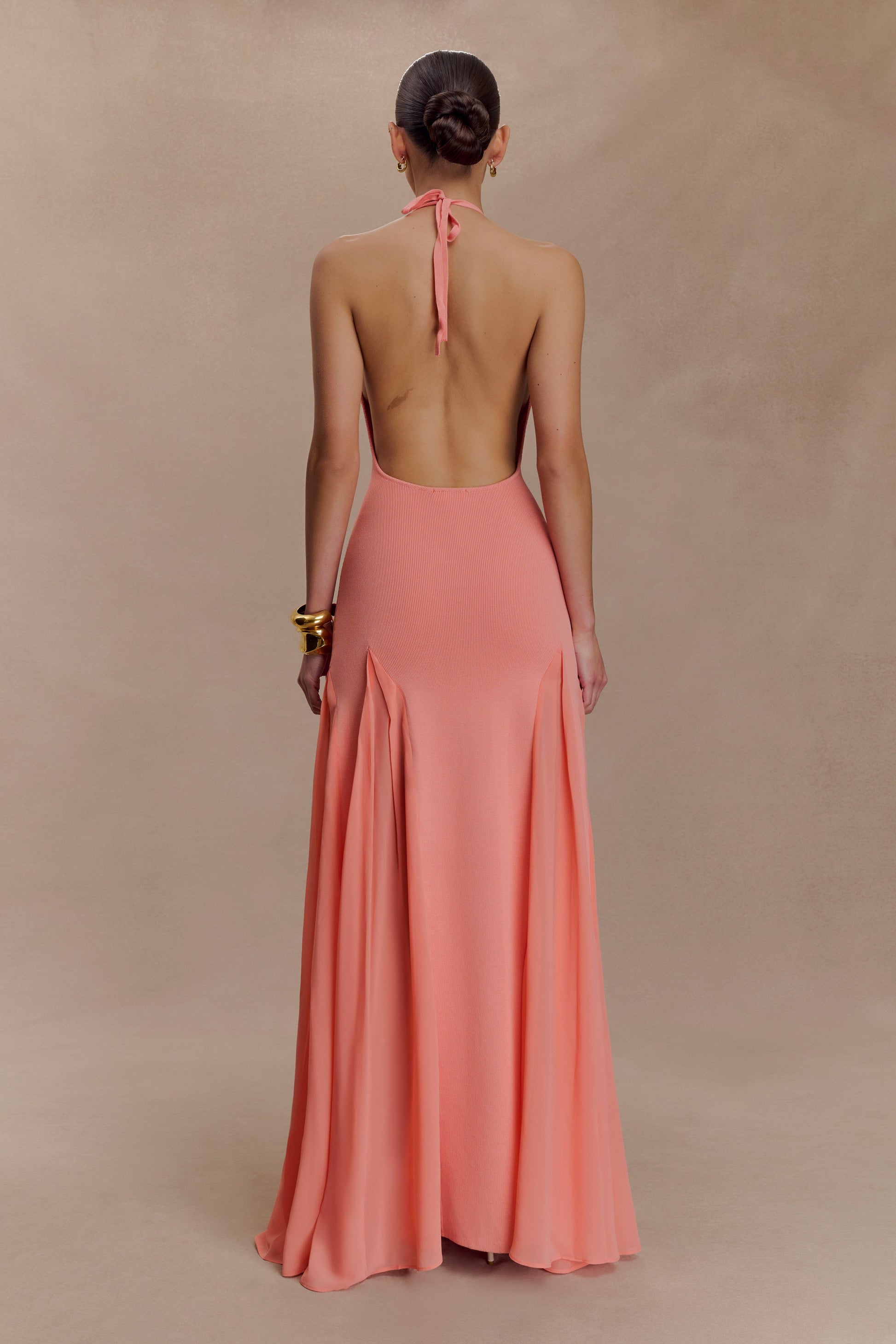 Soleil Knit And Mesh Halter Maxi Dress - Coral | MESHKI Soleil Knit And Mesh Halter Maxi Dress - Coral | MESHKI
