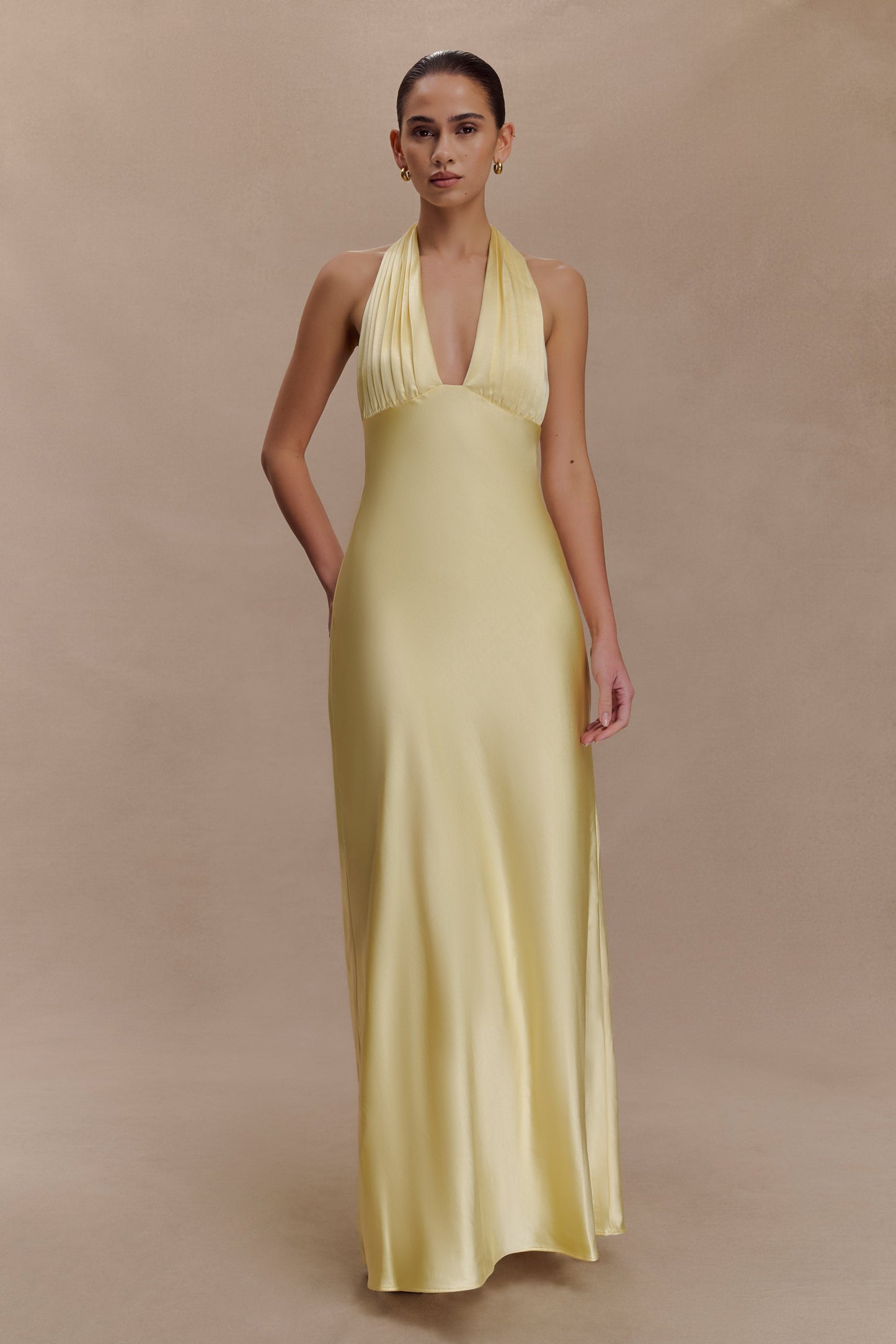 Alice Satin Halter Maxi Dress - Lemon