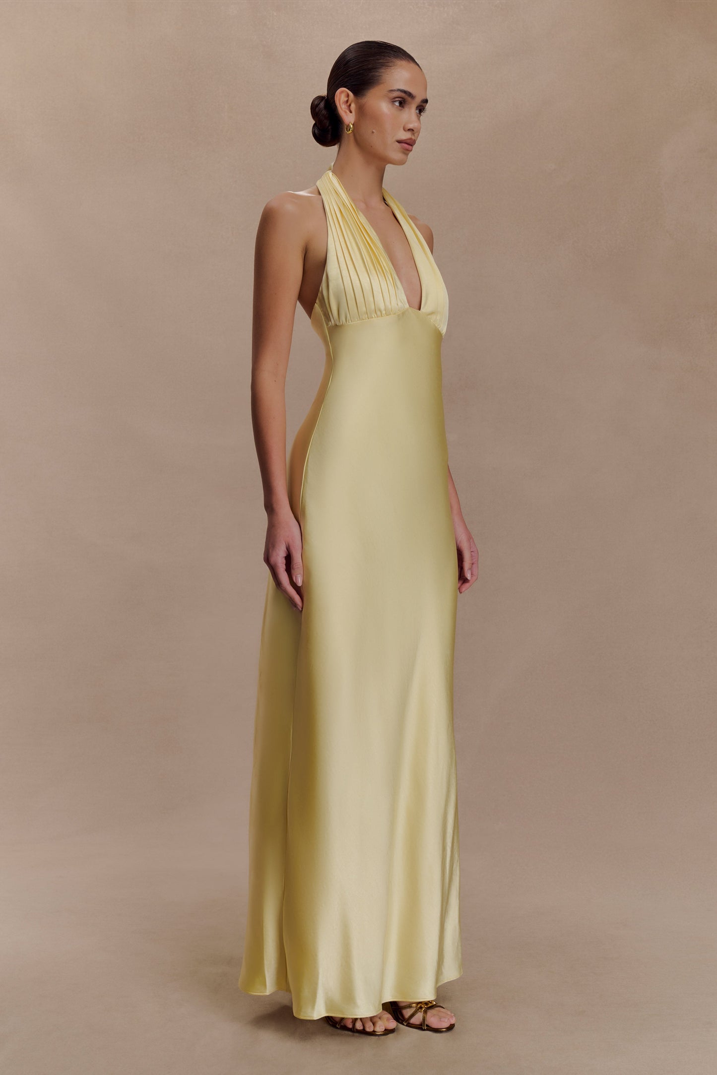 Alice Satin Halter Maxi Dress - Lemon