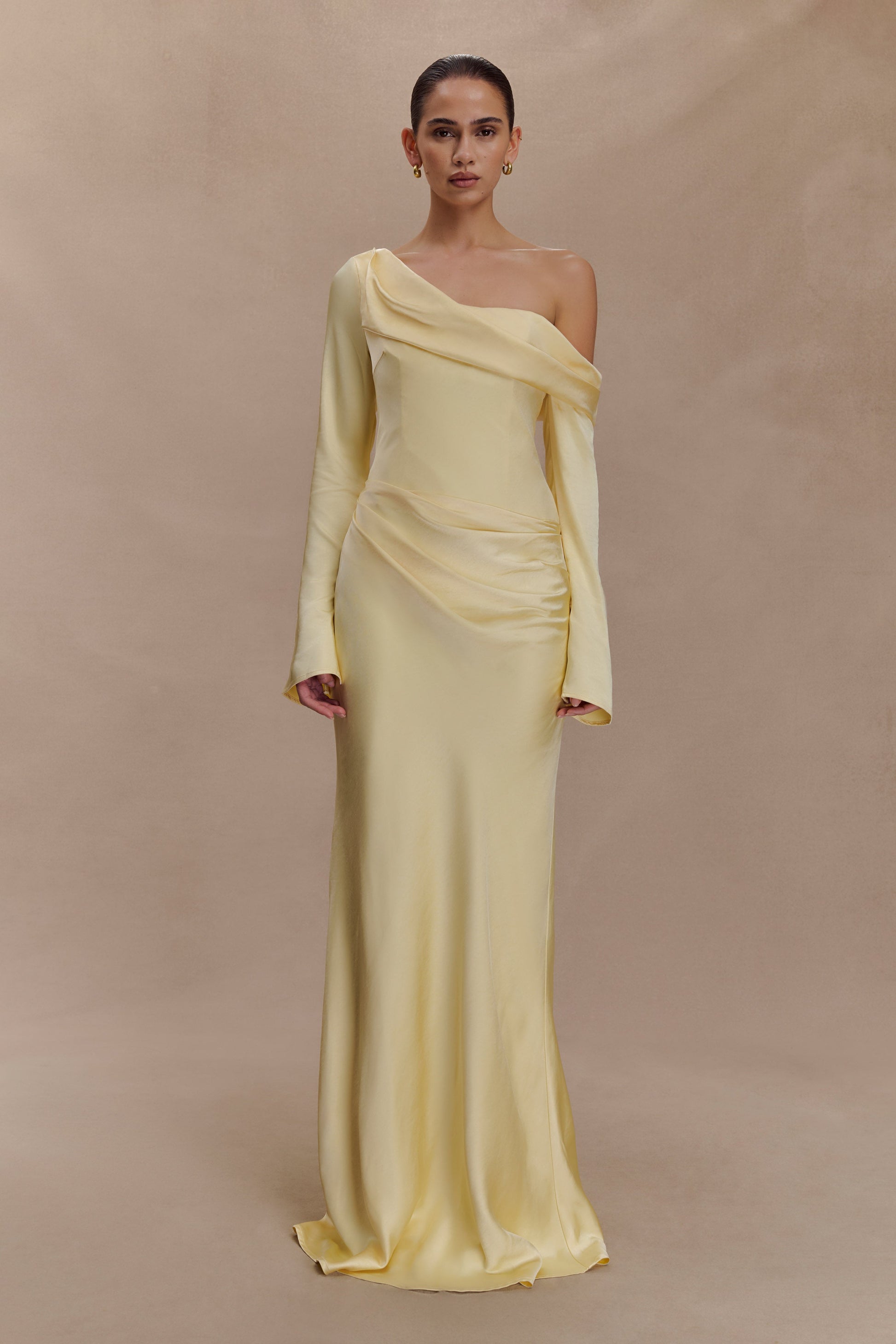 Iris Long Sleeve Satin Maxi Dress - Lemon | MESHKI Iris Long Sleeve Satin Maxi Dress - Lemon | MESHKI