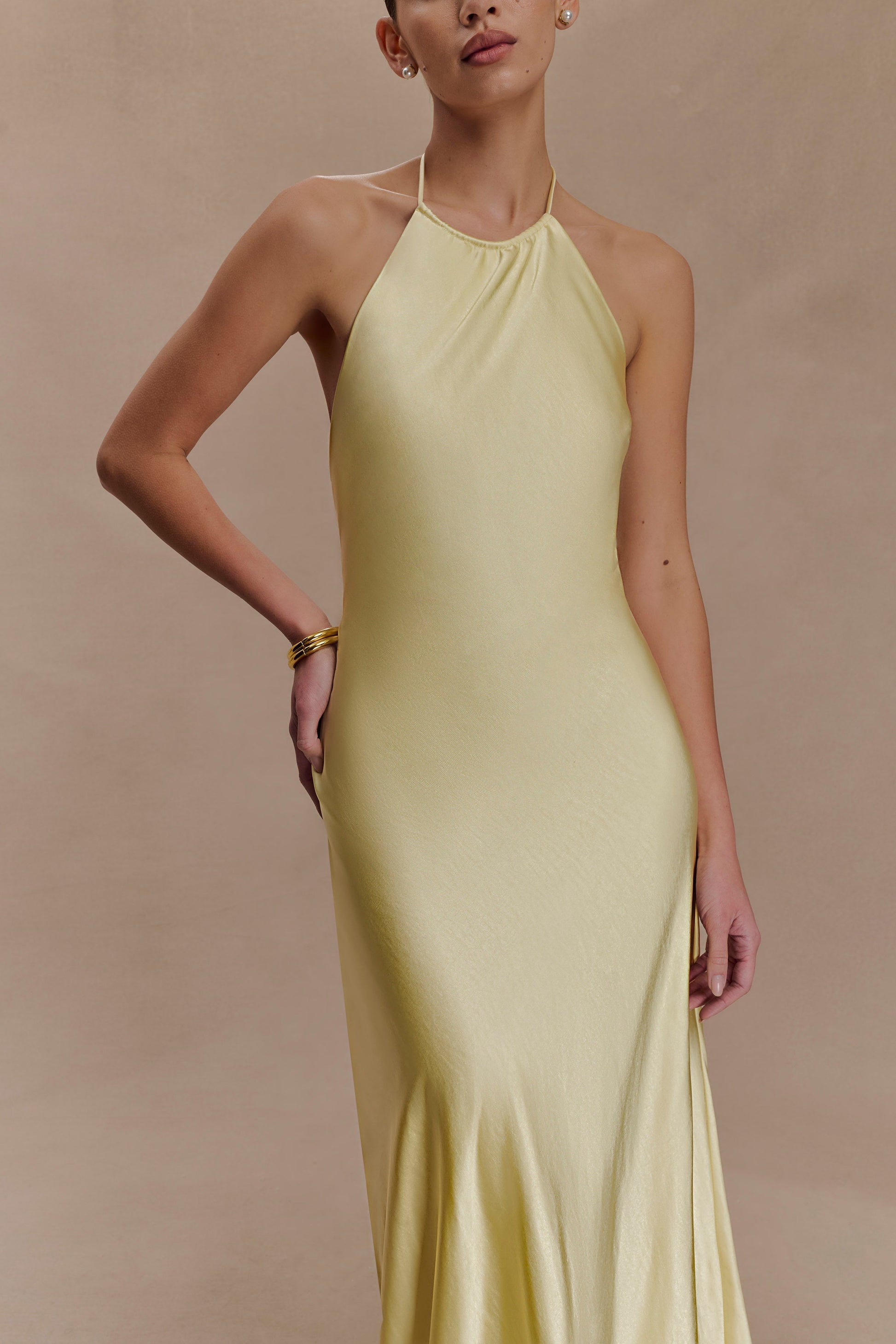 Bella Satin Halter Maxi Dress - Lemon #10