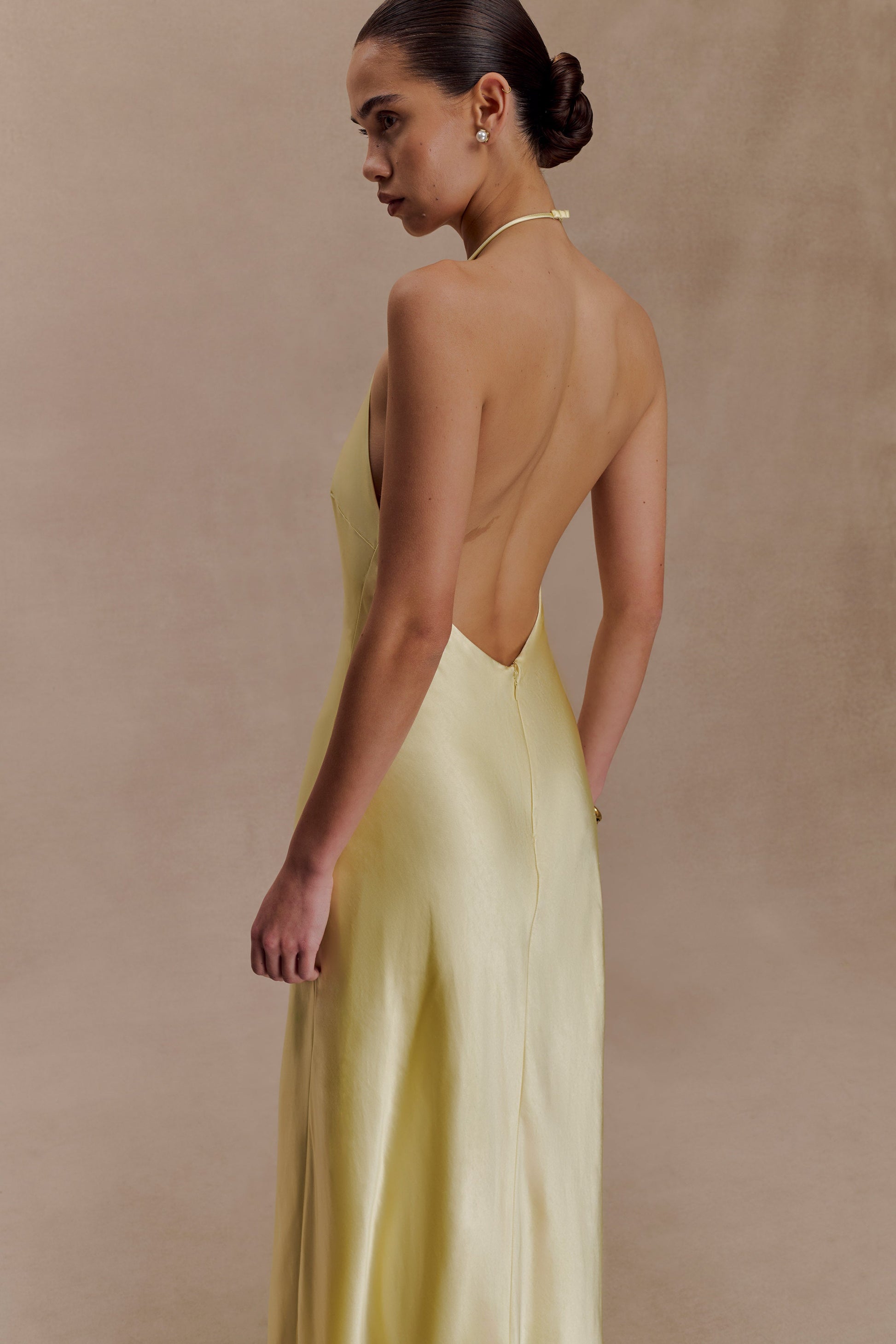 Bella Satin Halter Maxi Dress - Lemon #3