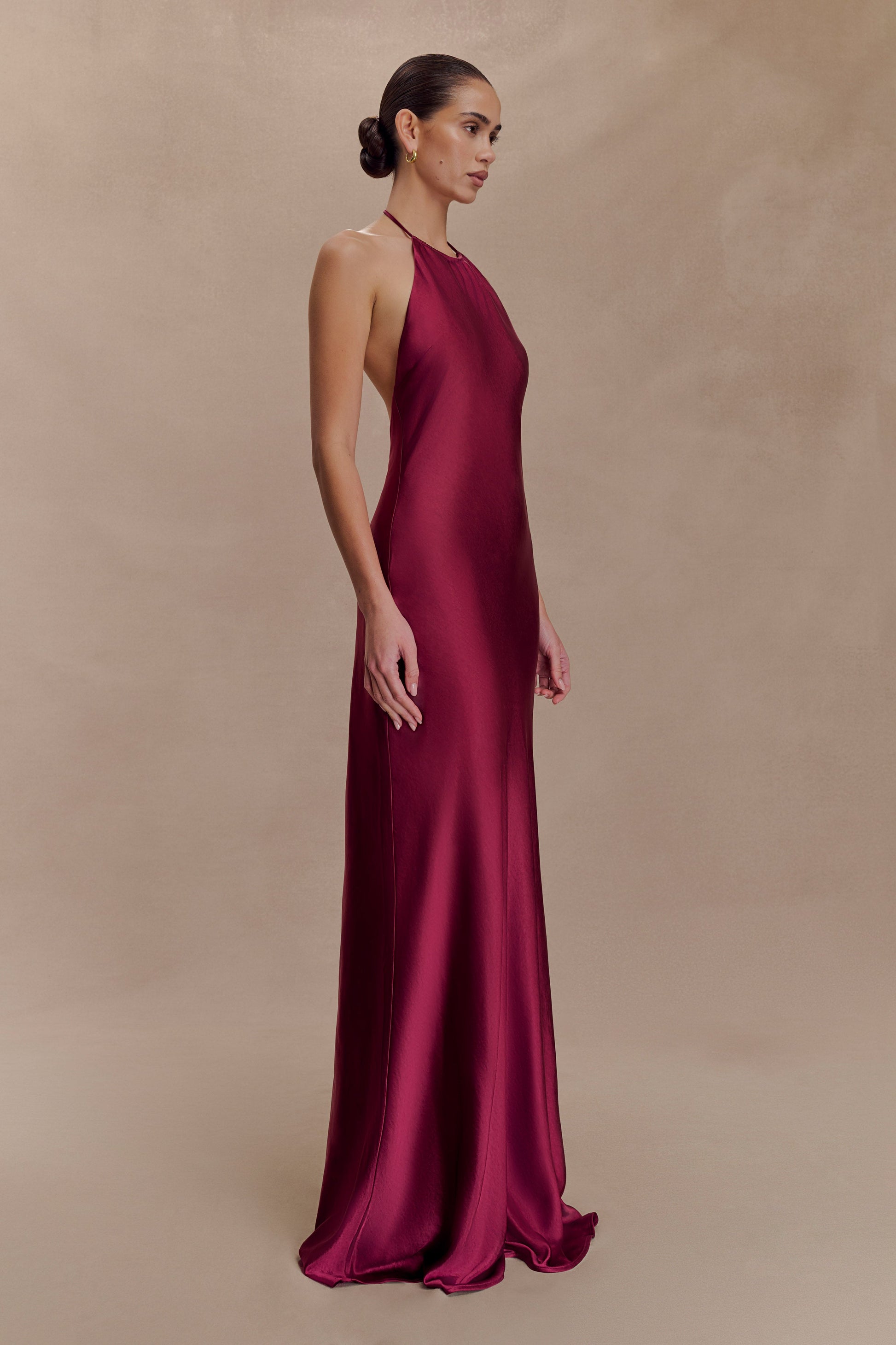 Bella Satin Halter Maxi Dress - Mahogany #4
