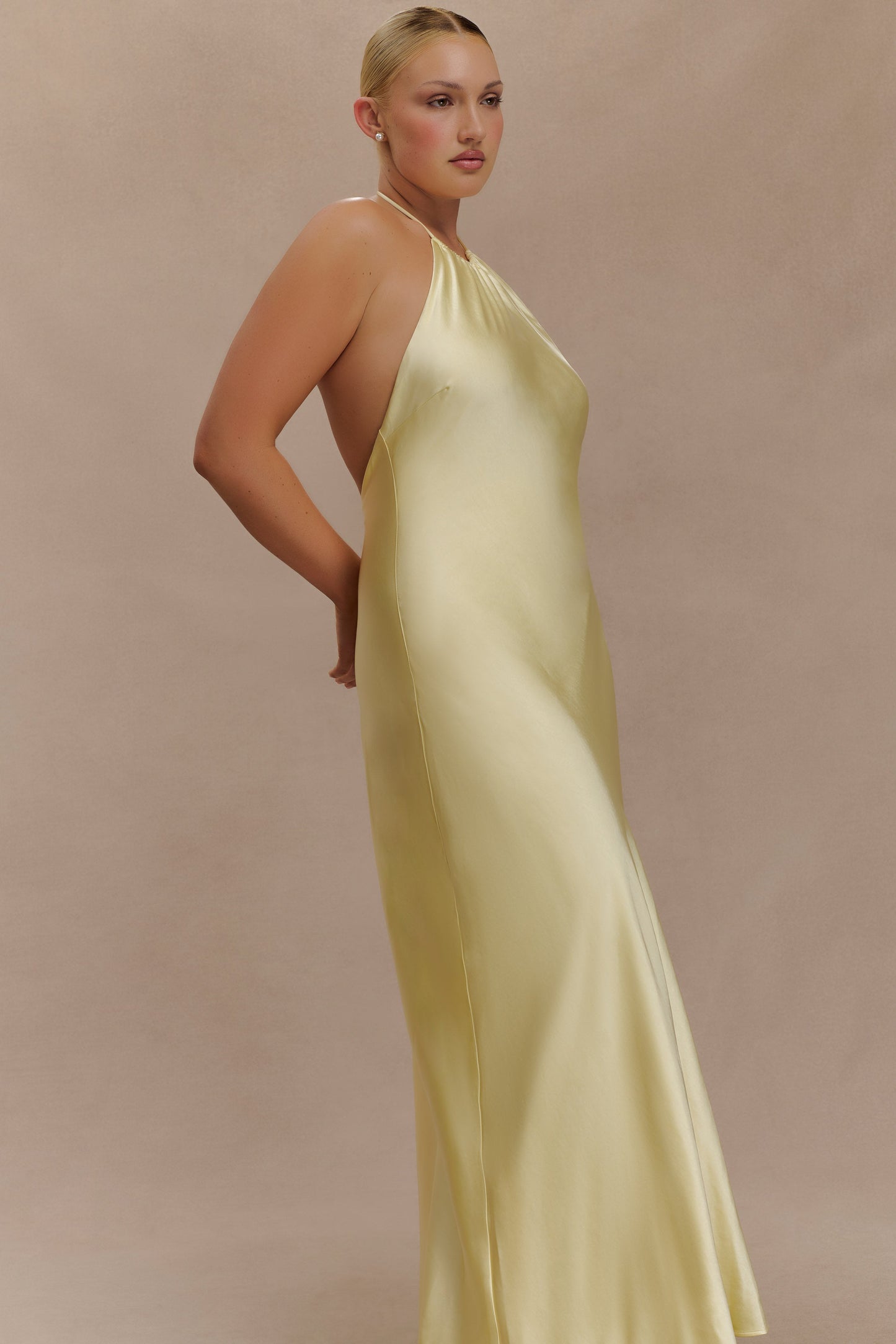 Bella Satin Halter Maxi Dress - Lemon