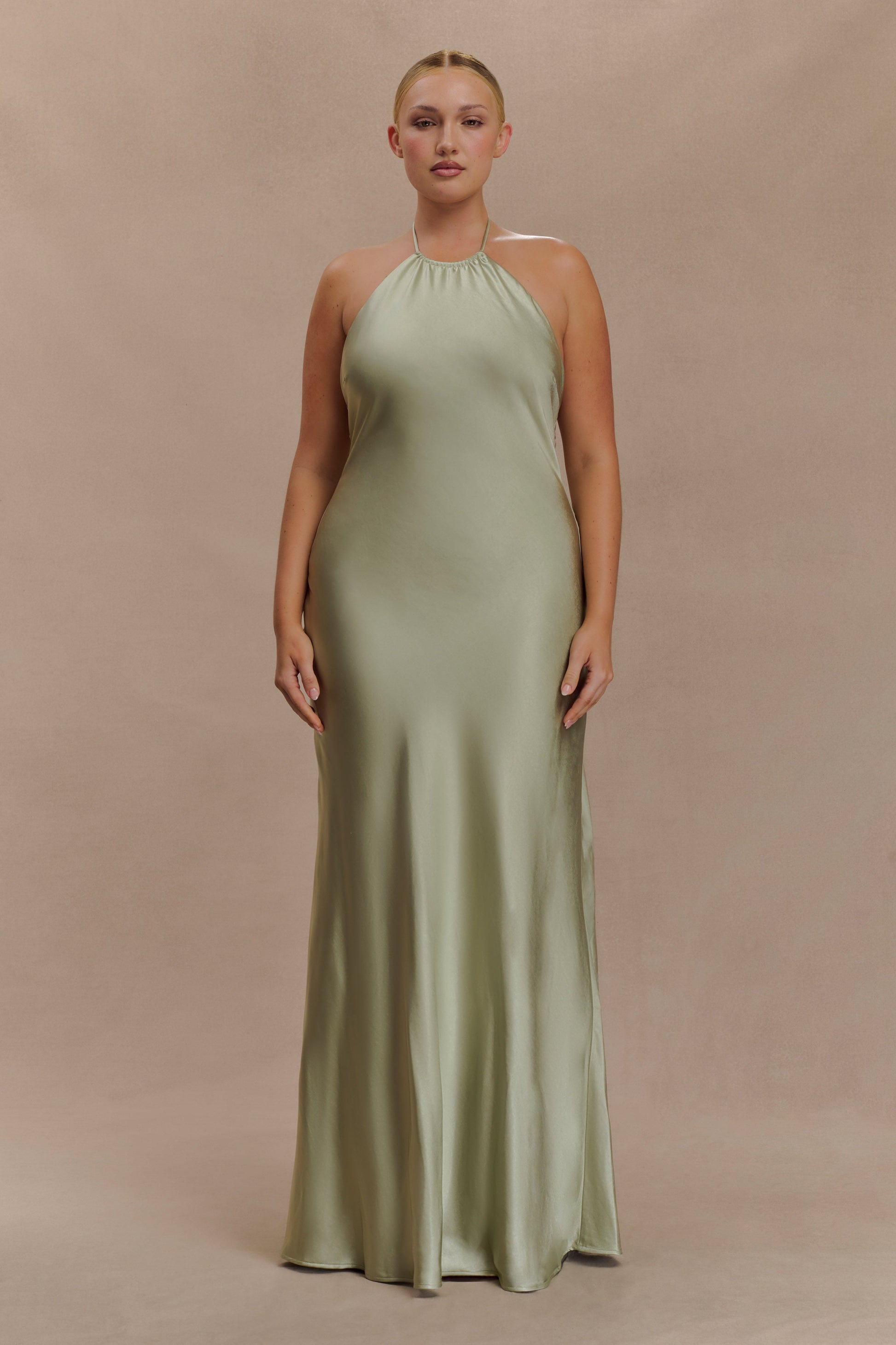 Bella Satin Halter Maxi Dress - Sage #7