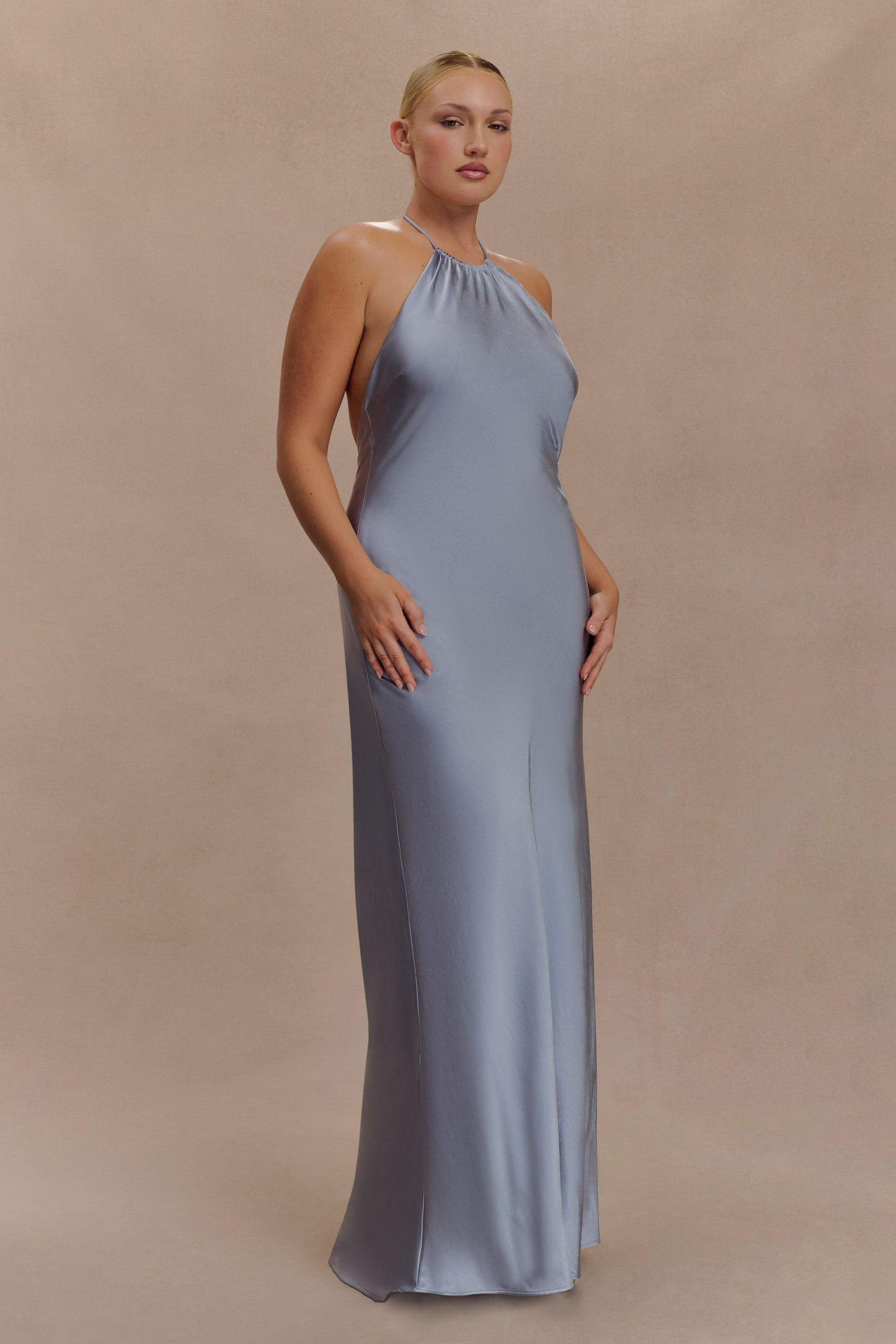 Bella Satin Halter Maxi Dress - Frosted Blue