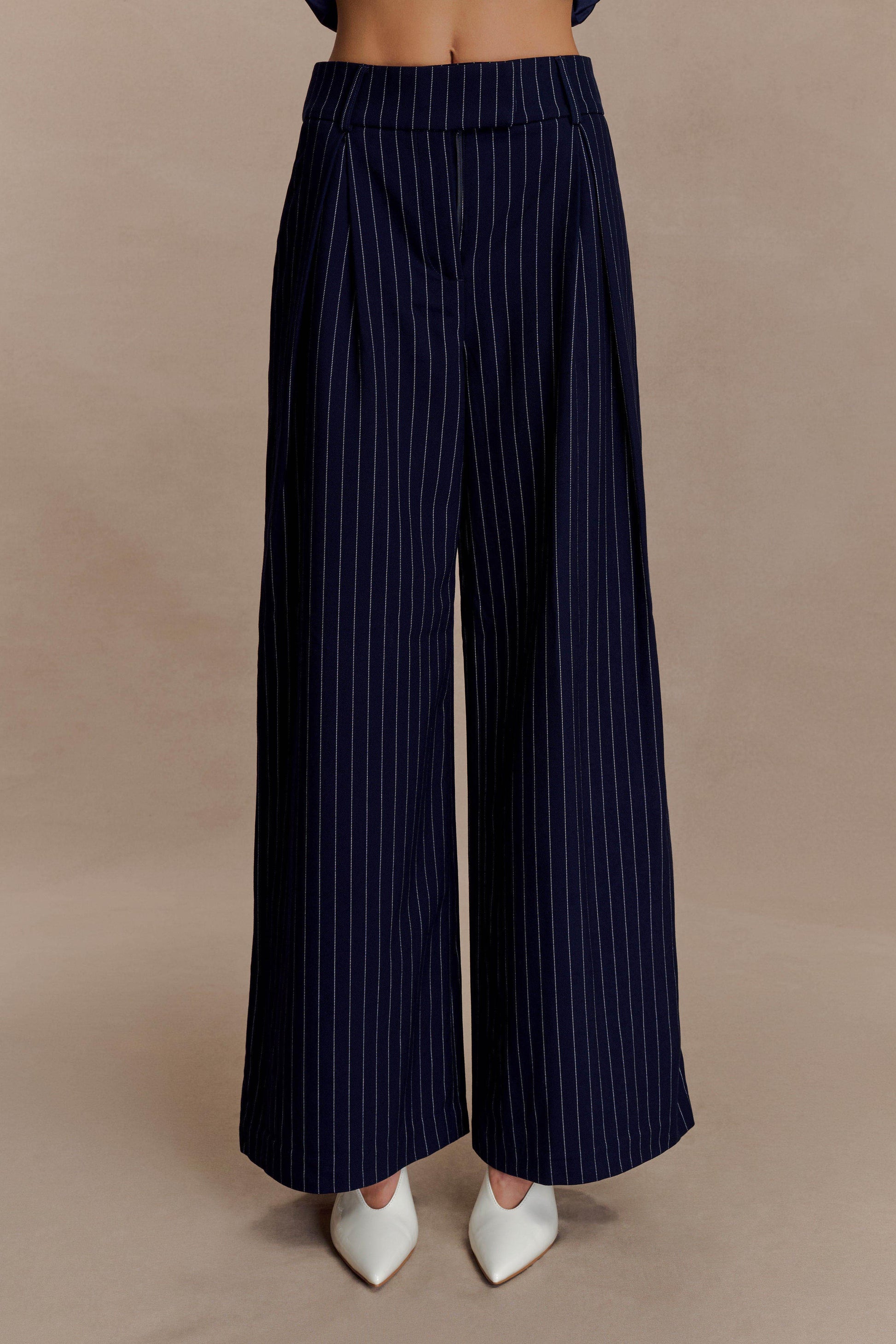 Jacqueline Pleated Wide Leg Pants - Navy Pinstripe #7