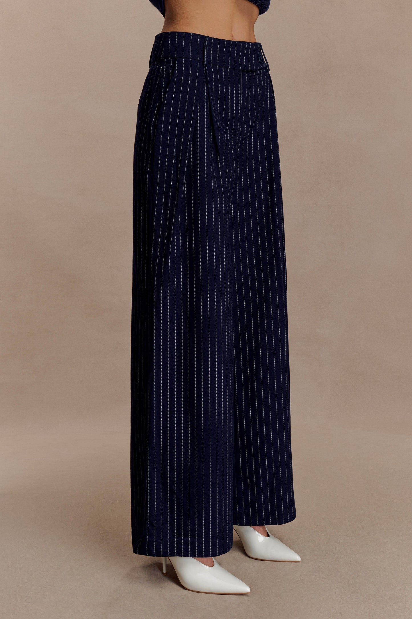 Jacqueline Pleated Wide Leg Pants - Navy Pinstripe