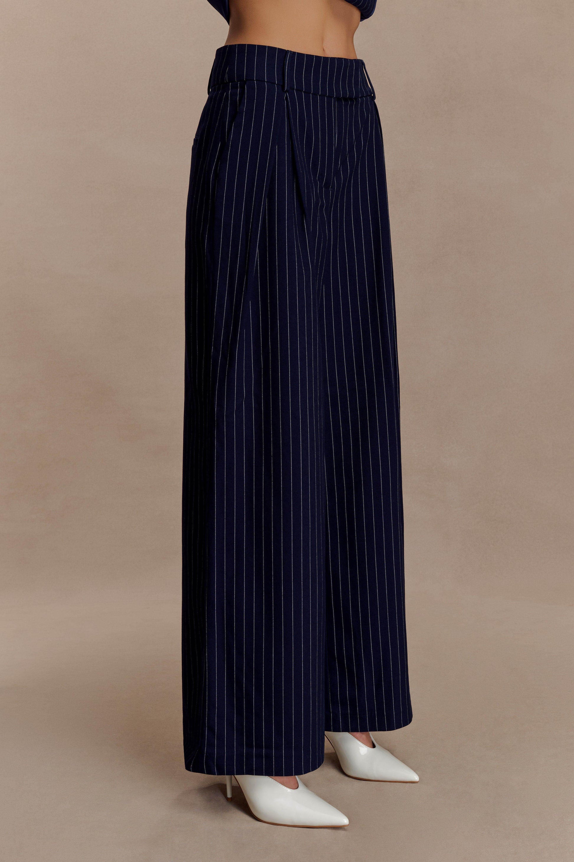 Jacqueline Pleated Wide Leg Pants - Navy Pinstripe #5