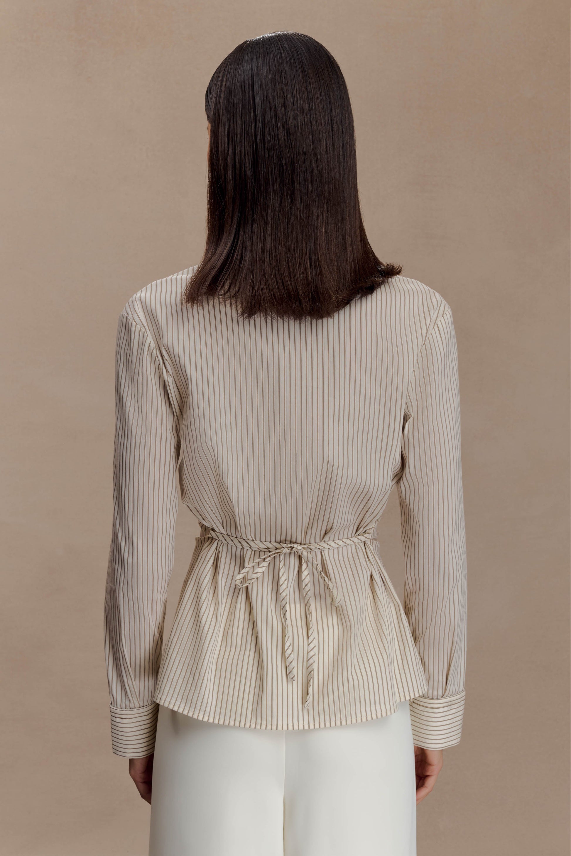 Millie Tie Back Cotton Shirt - Beige Pinstripe #2