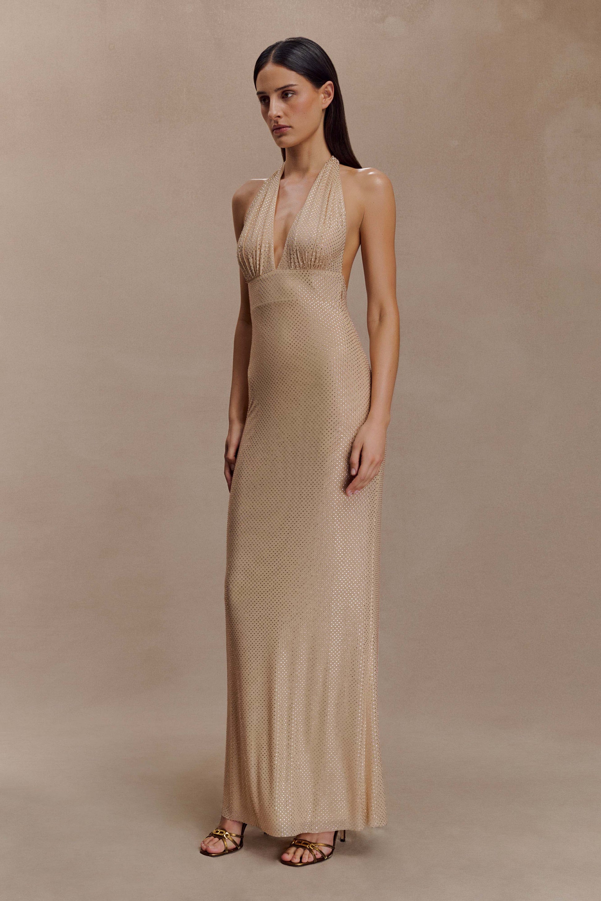 Harriet Halter Neck Diamante Maxi Dress - Sandy Gold #7