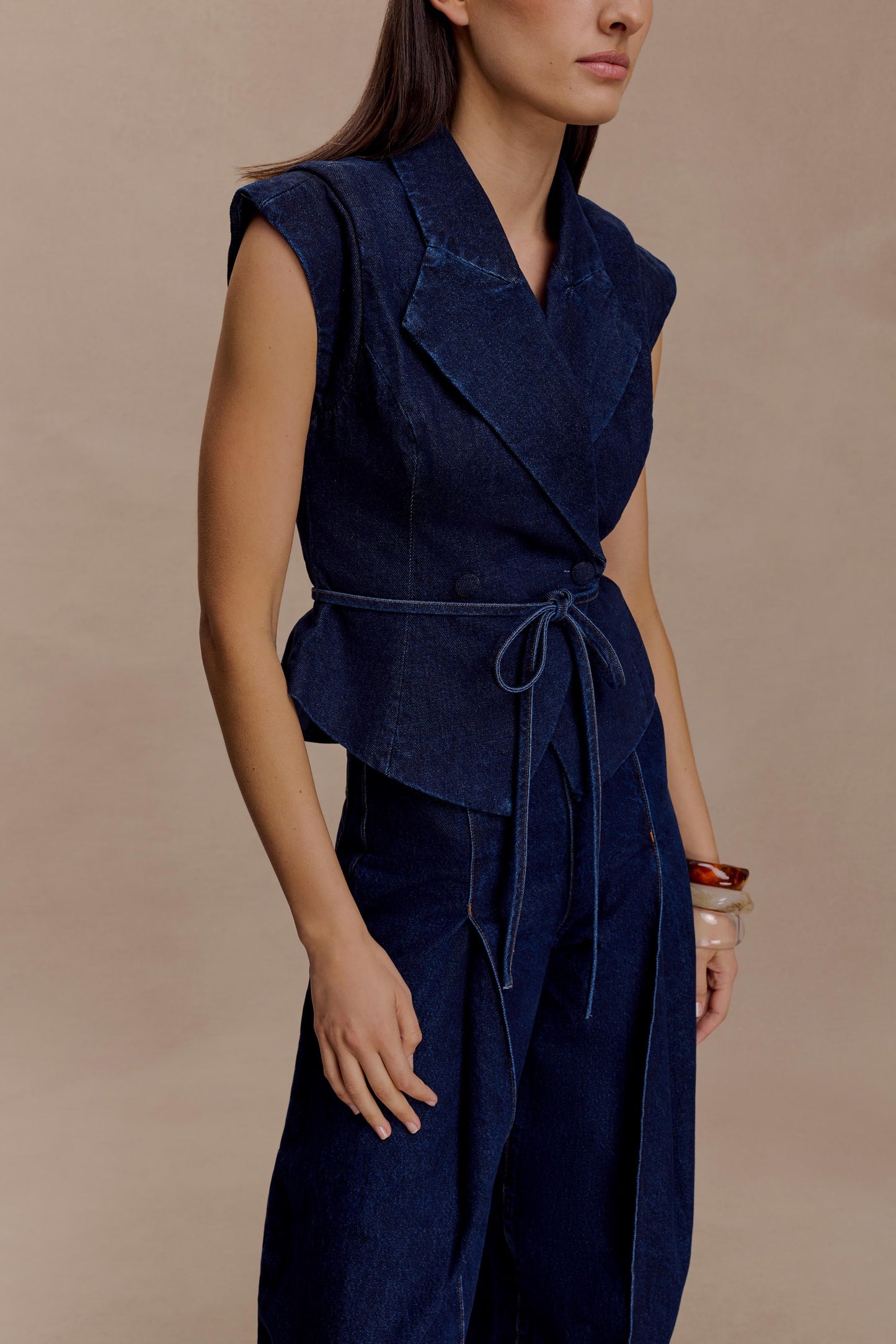 Charley Structured Tie Denim Top - Indigo Blue