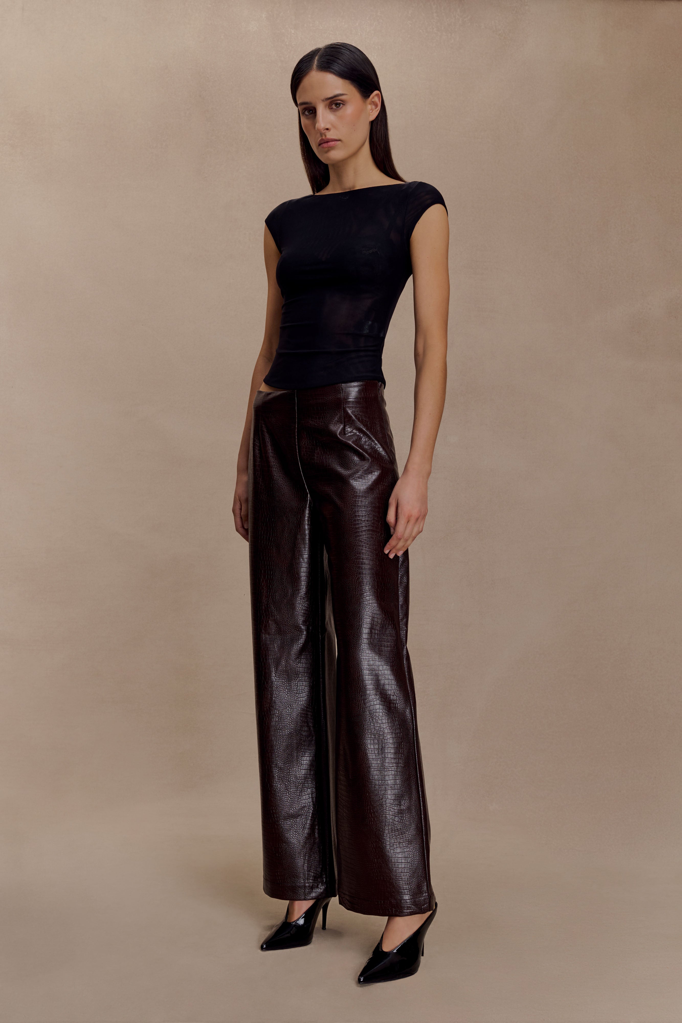 Henry Croc Faux Leather Straight Leg Pants - Dark Chocolate | MESHKI