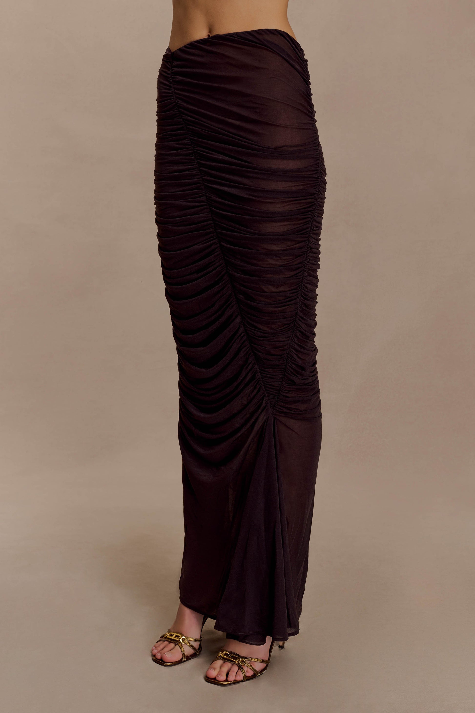 Matilda Ruched Mesh Maxi Skirt - Chocolate #5