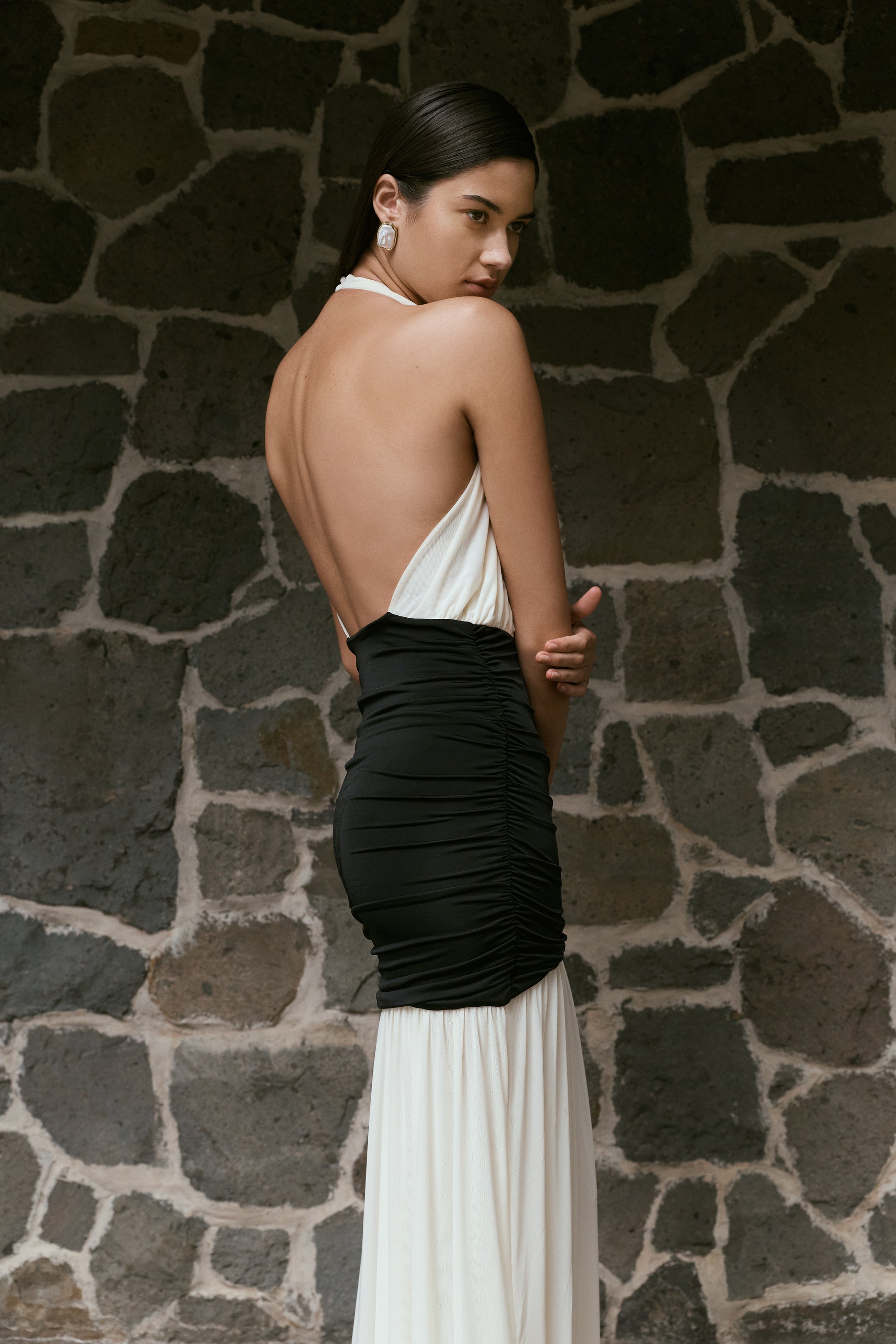 Hailee Slinky And Mesh Halter Maxi Dress - Black/White #2