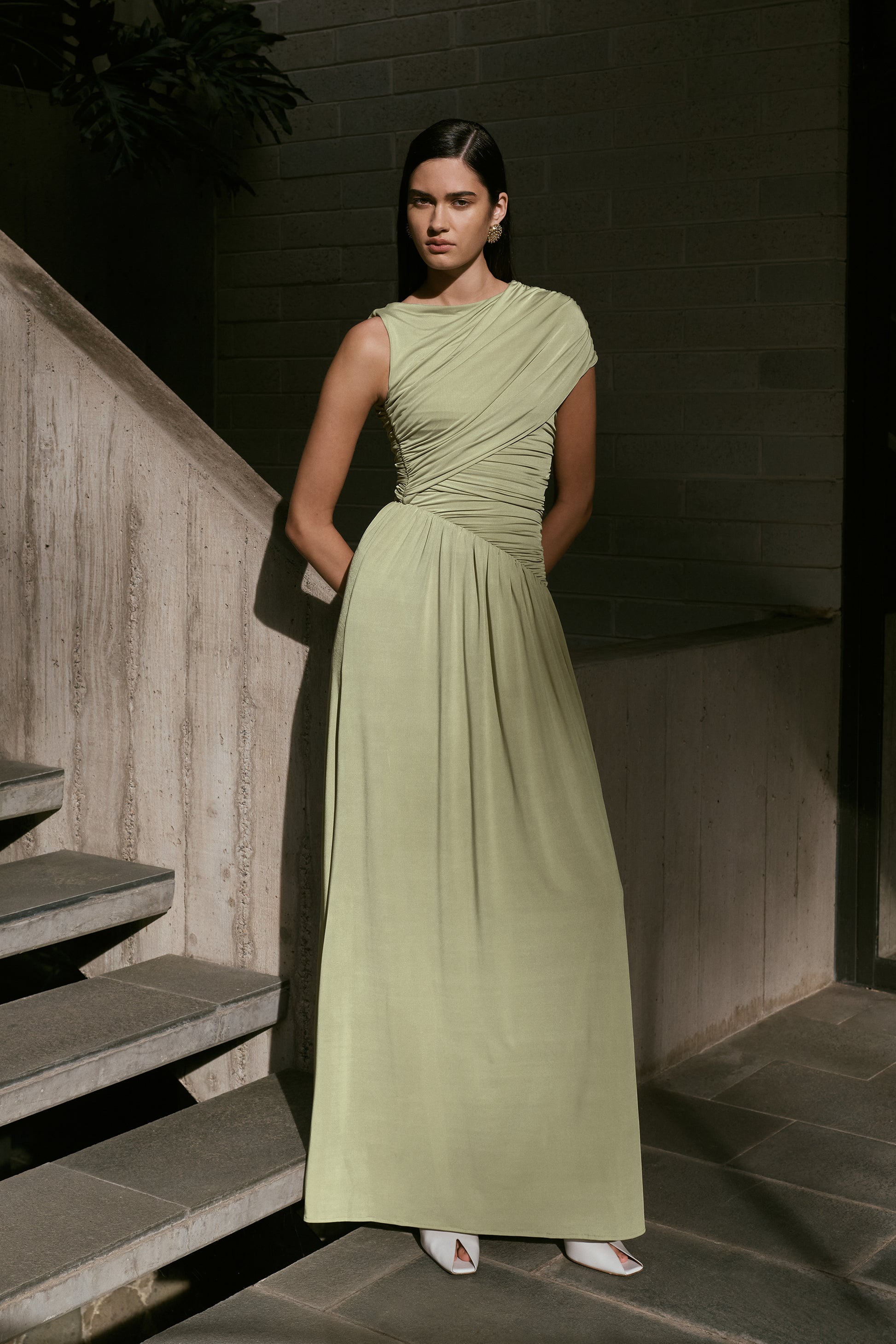 Ayeshya Slinky Asymmetric Maxi Dress - Sage