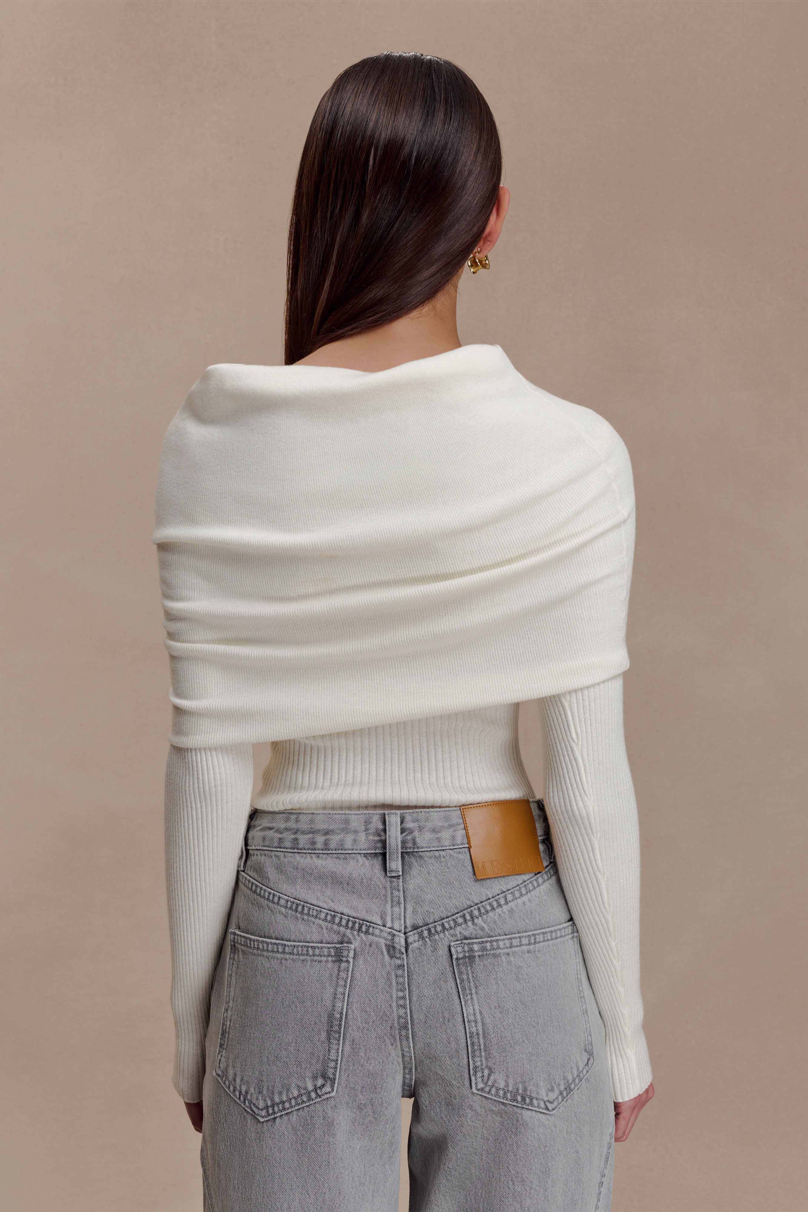Mazie Asymetrical Cashmere Blend Long Sleeve Knit Top - Ivory | MESHKI