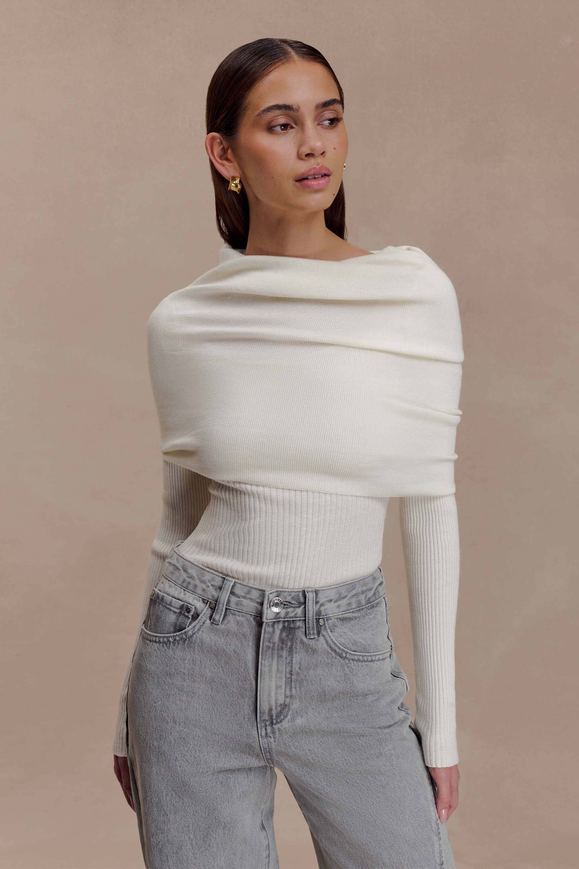 Mazie Asymetrical Cashmere Blend Long Sleeve Knit Top - Ivory