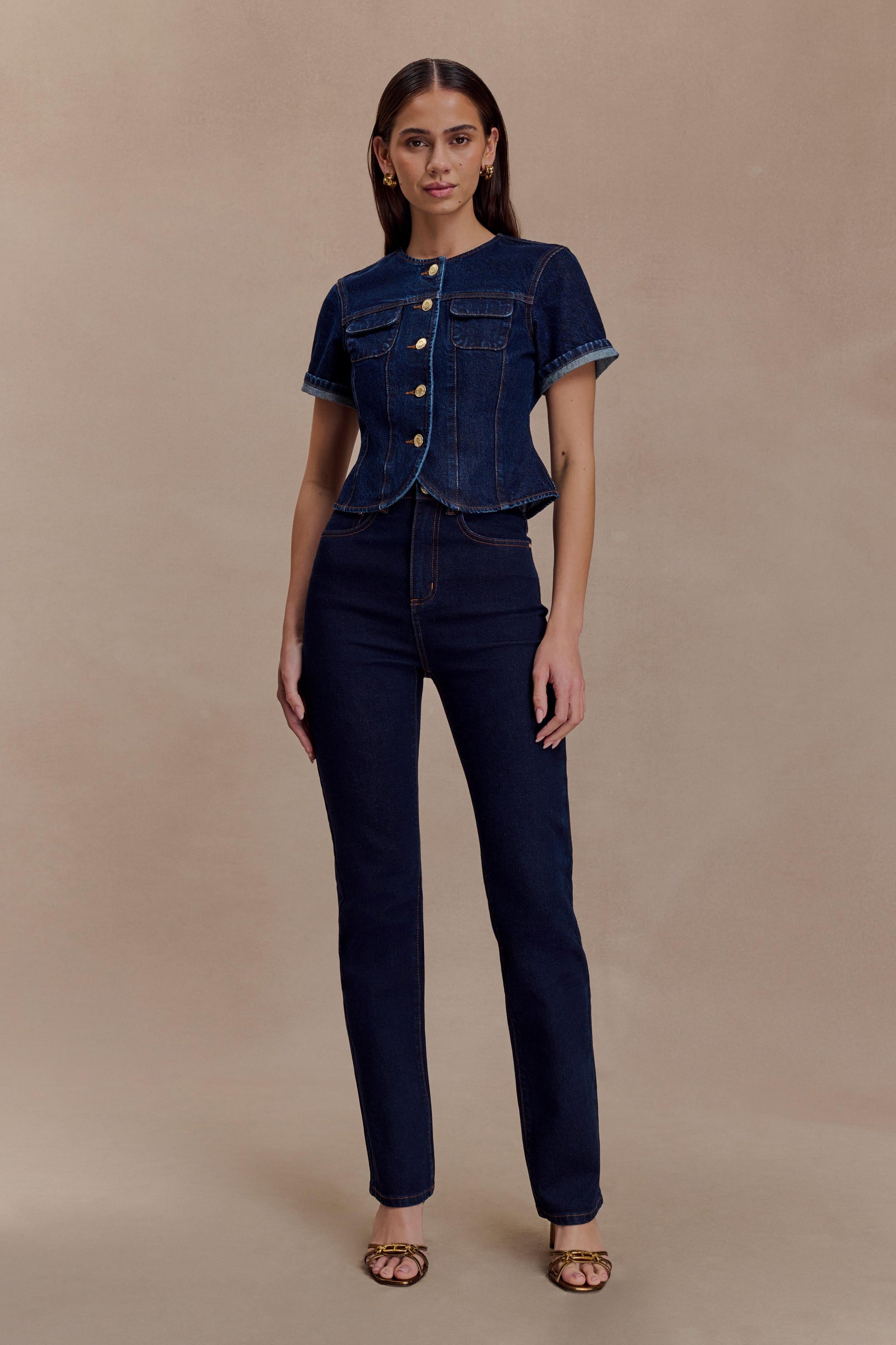 Marge Fitted Denim Short Sleeve Top - Indigo Blue #9