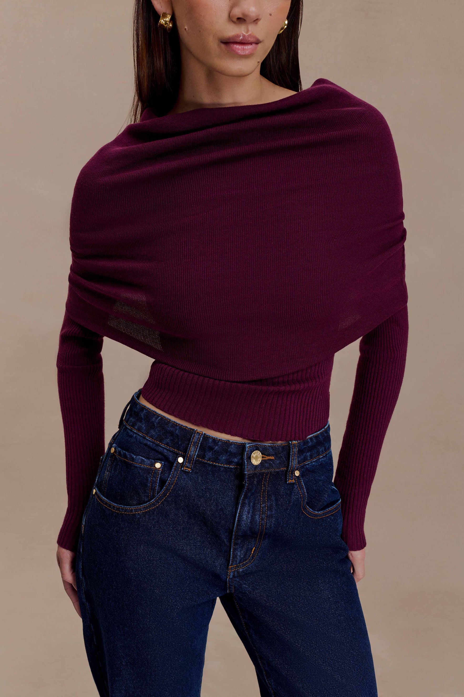 Mazie Asymetrical Cashmere Blend Long Sleeve Knit Top - Plum #7