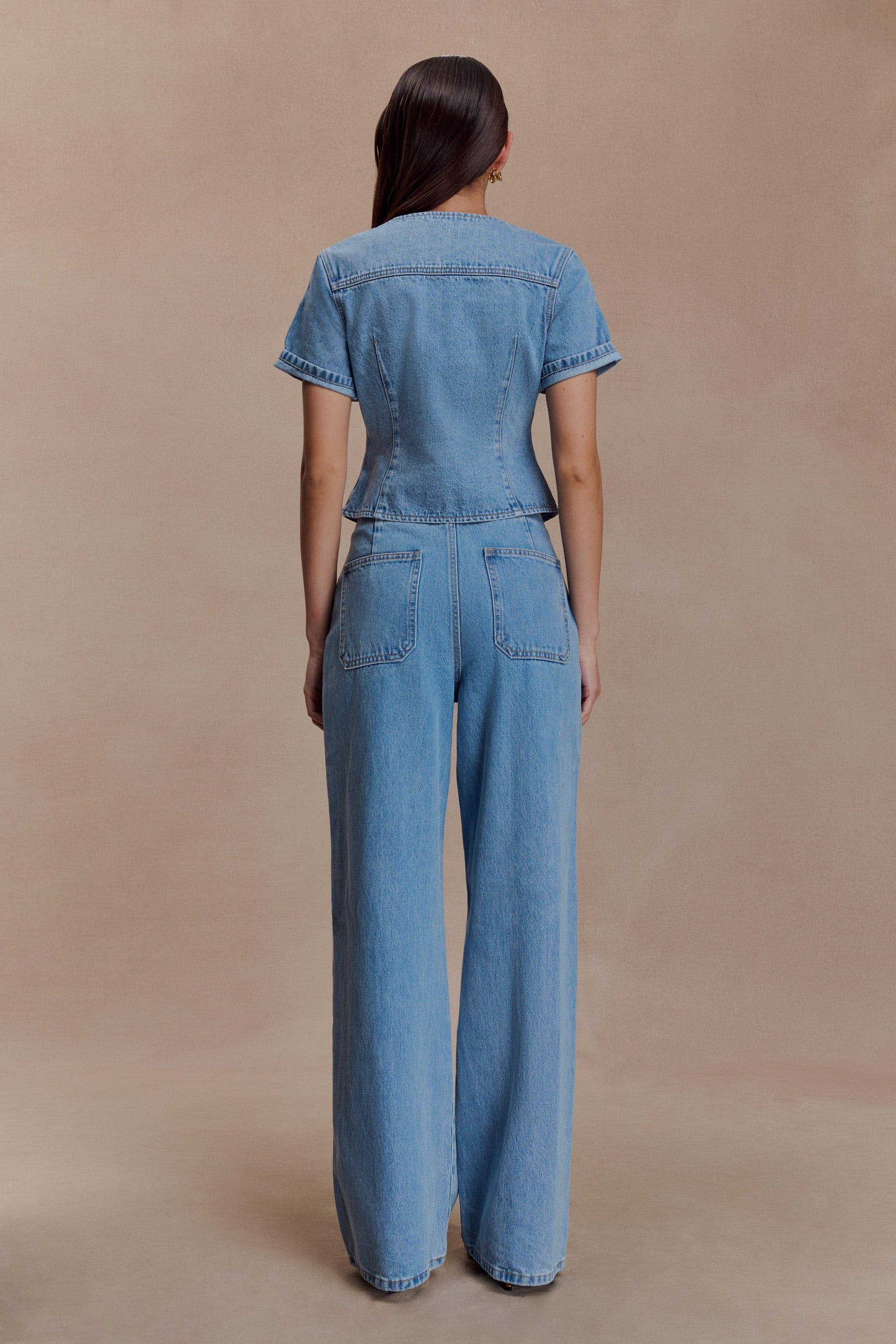 Marge Fitted Denim Short Sleeve Top - Classic Blue