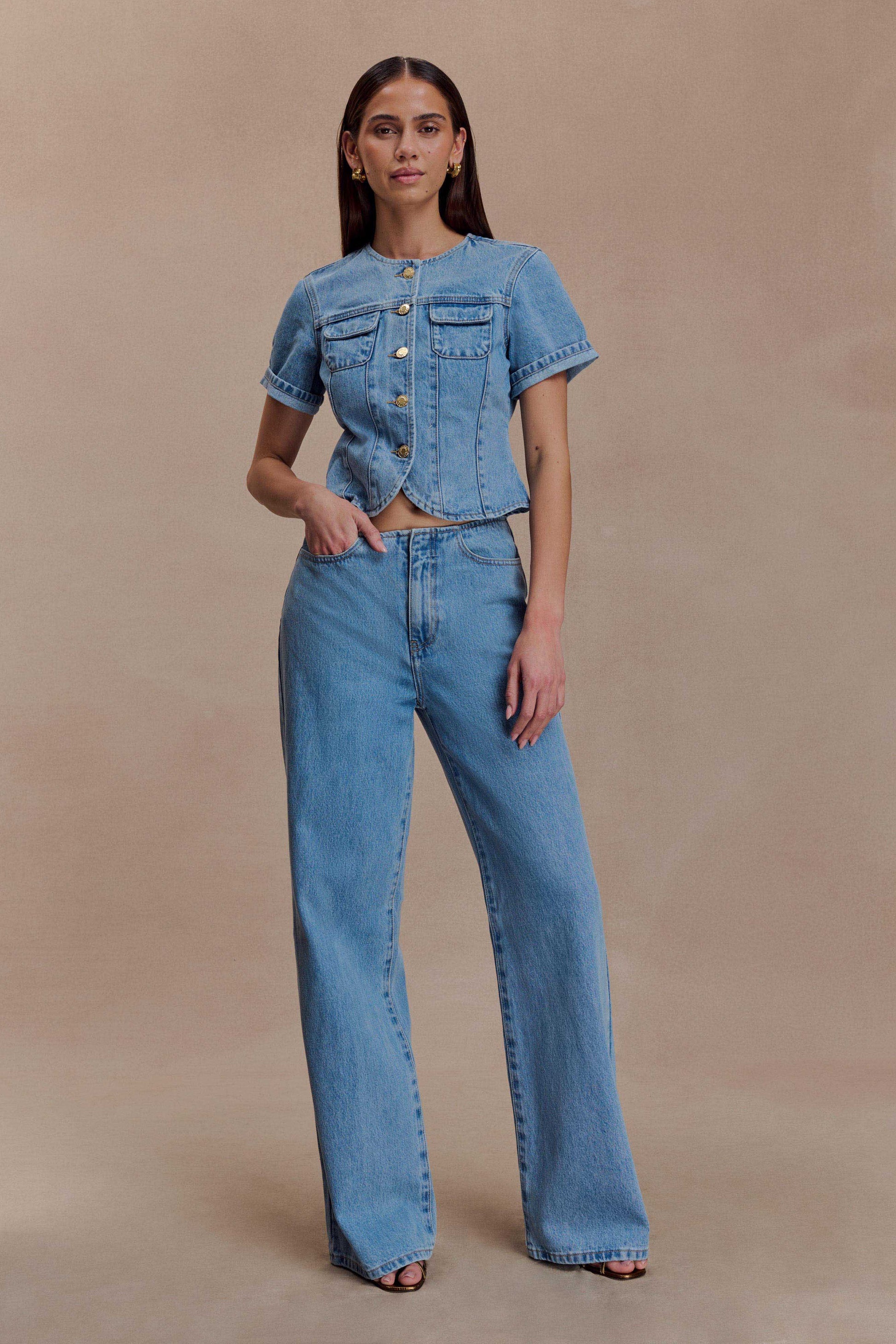 Marge Fitted Denim Short Sleeve Top - Classic Blue #7