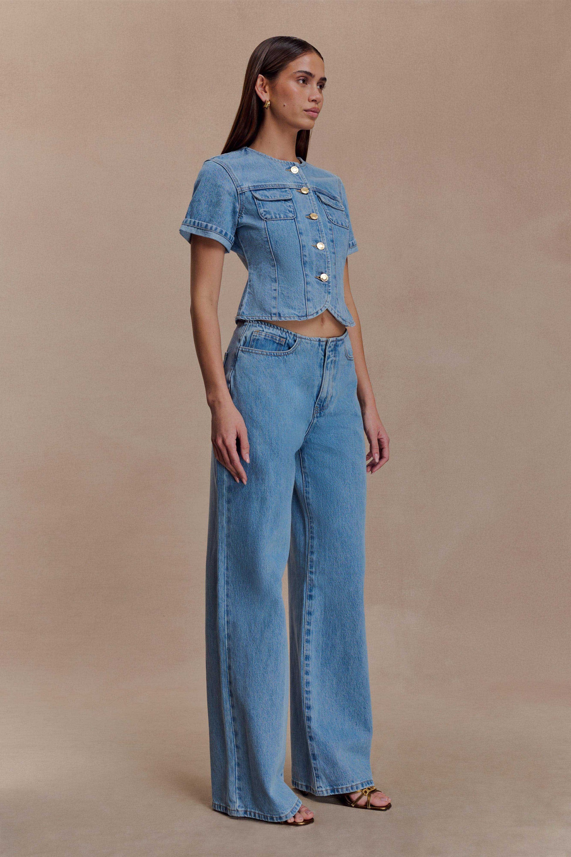 Marge Fitted Denim Short Sleeve Top - Classic Blue #4