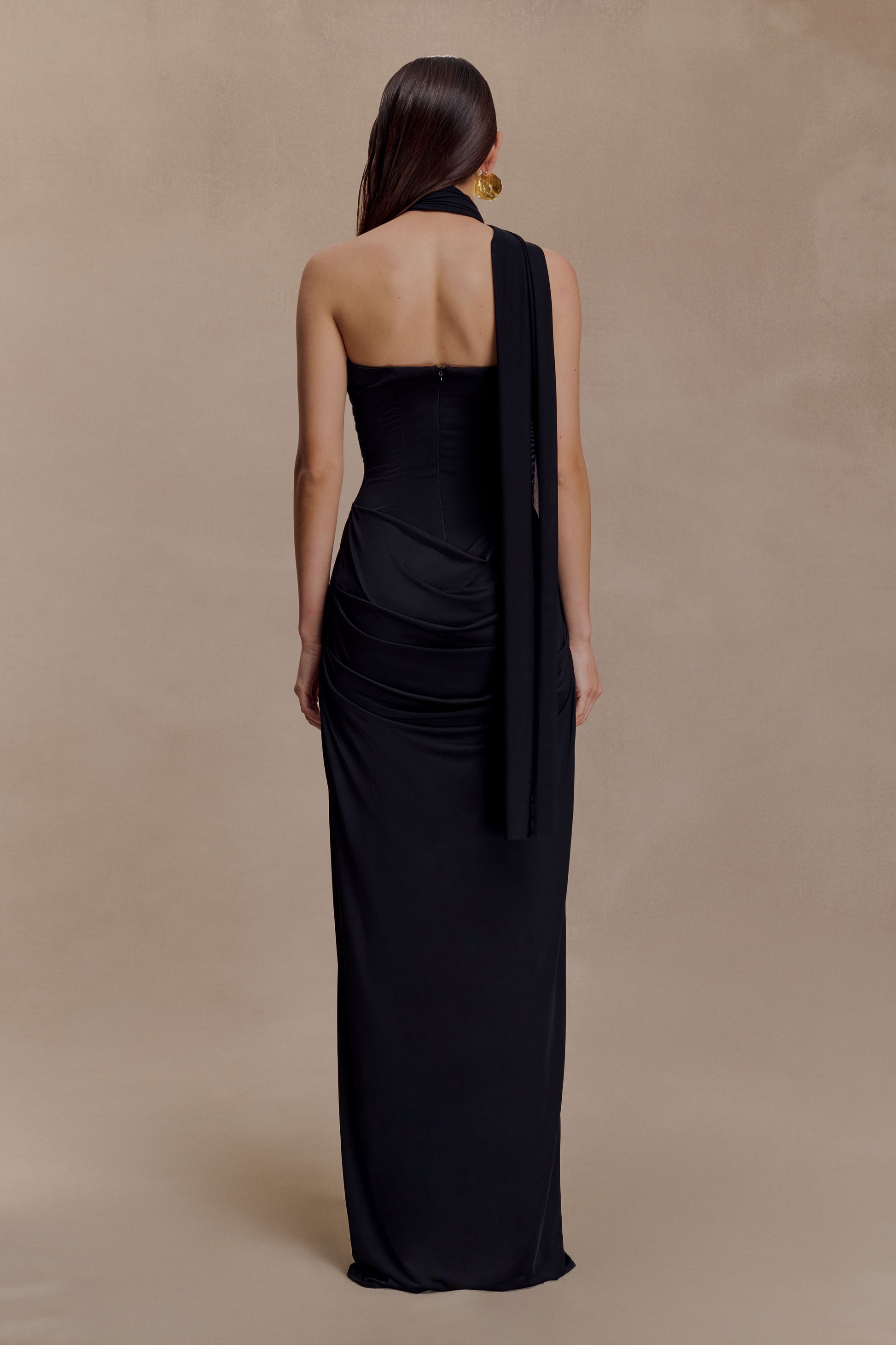 Mattea Slinky And Mesh Maxi Dress With Scarf - Black #2